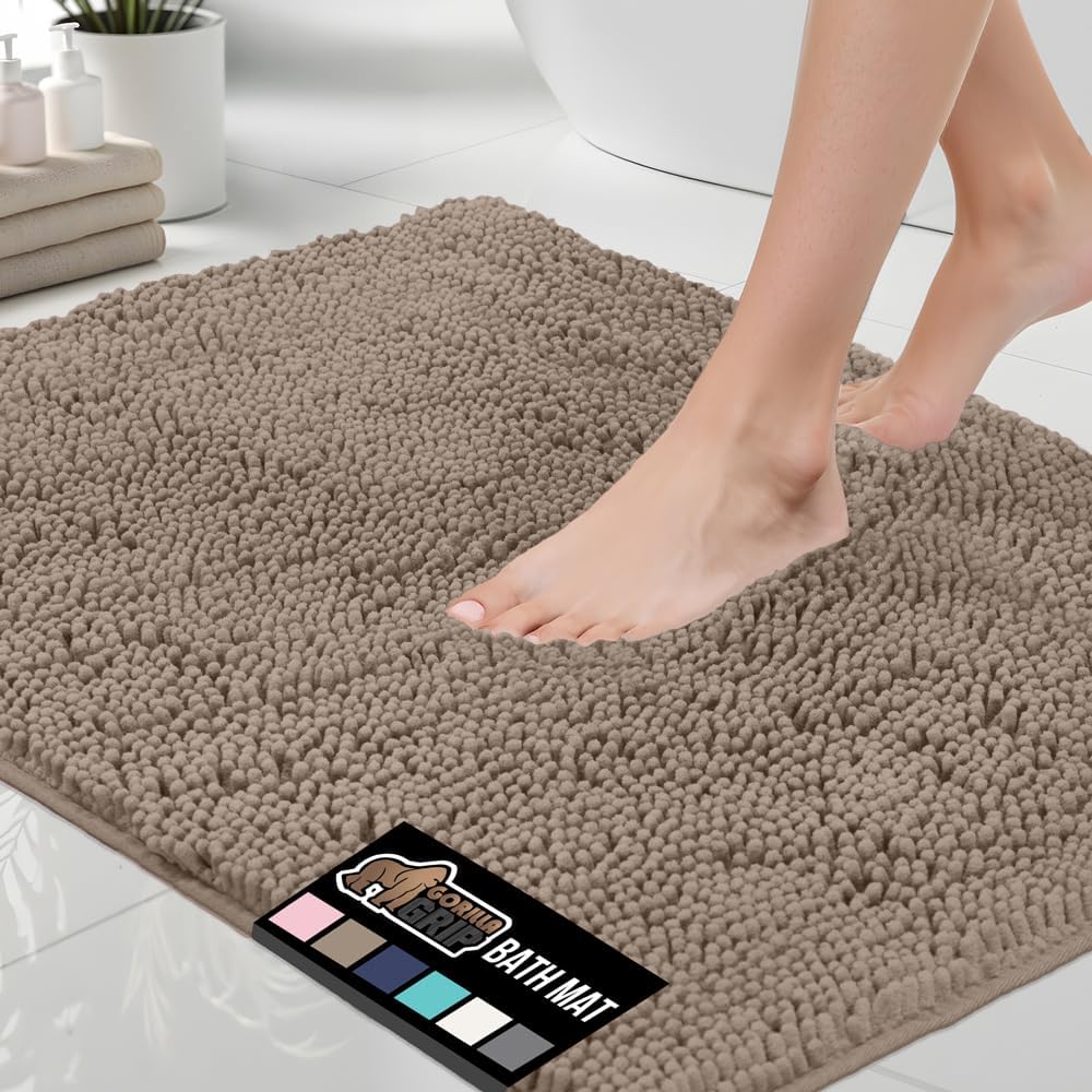 GORILLA GRIP Bath Rug Mat, Thick Soft Absorbent Chenille, Quick Dry Microfiber Mats, Rubber Backing Washable Shower Floor Rugs, US Designed Bathroom Bathmat Home Decor Accessories, 24x17, Grey