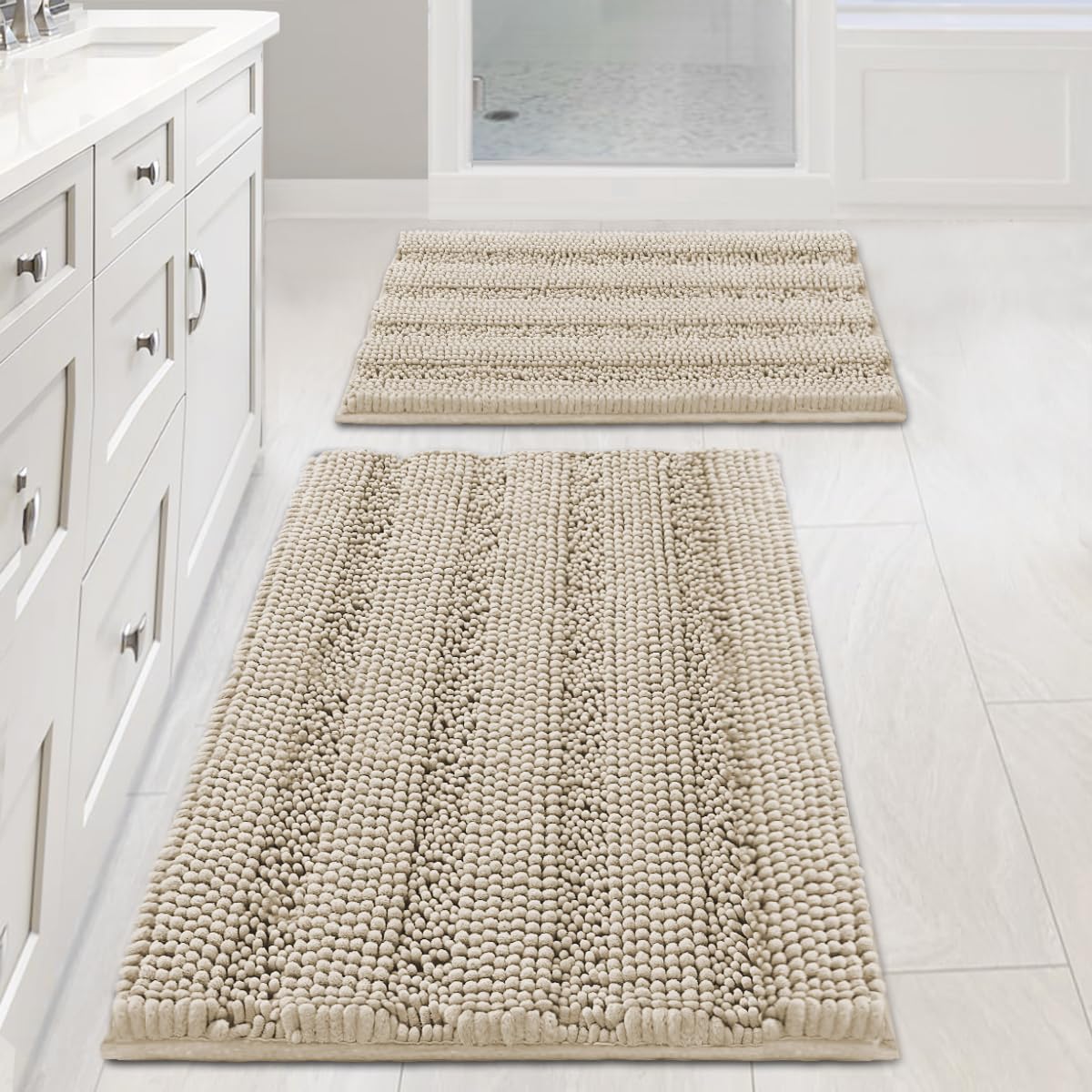 H.VERSAILTEX Sage Bathroom Rugs, Bath Mat Set of 2 Extra Thick Chenille Striped Pattern Shaggy Bath Rugs for Bath Room, Non Skid Bath Mats for Bathroom Floor (32 x 20 Plus 24 x 17 - Inches)