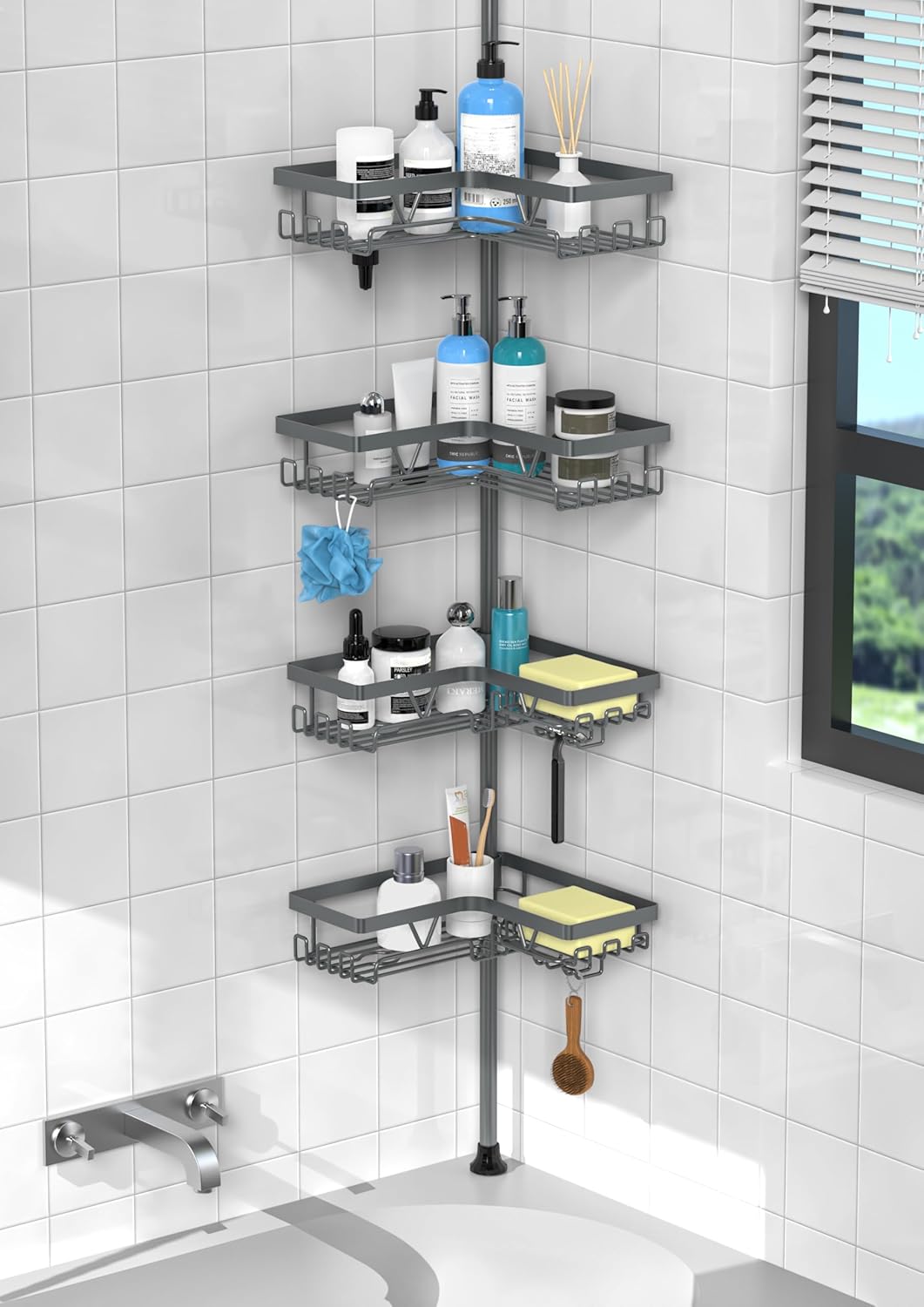 KEGII Corner Shower Caddy Tension Pole - Shower Tension Rod Organizer, Floor to Ceiling Shower Caddy 25-114.2 inch, Towel Rack Corner Waterproof, Black