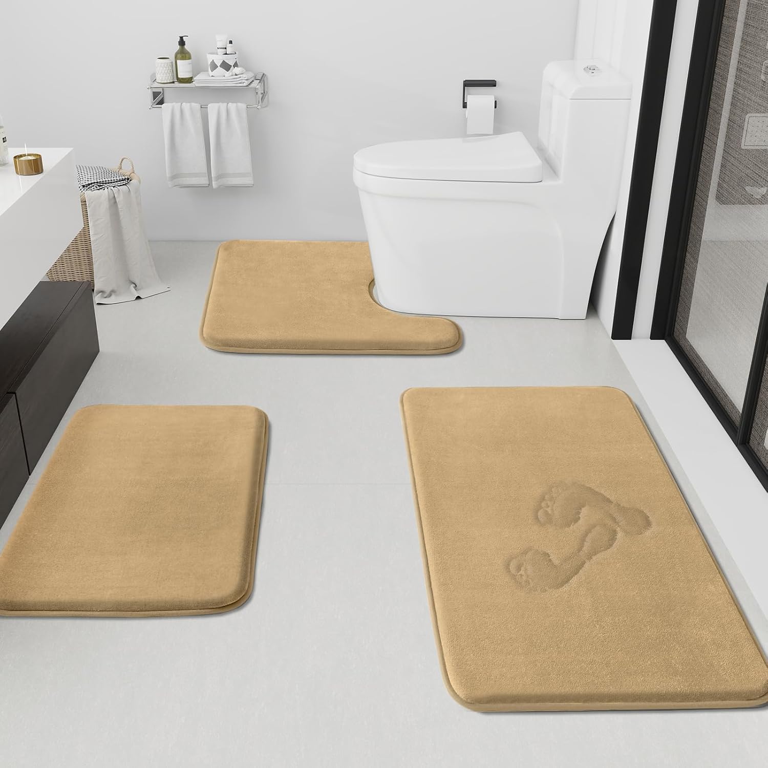 HUXMEYSON Bathroom Rugs Sets 3 Piece, Non-Slip & Quick Dry Bath Mat Set, Ultra Soft Velvet Bath Rugs for Bathroom, Toilet and Shower Floor, Grey