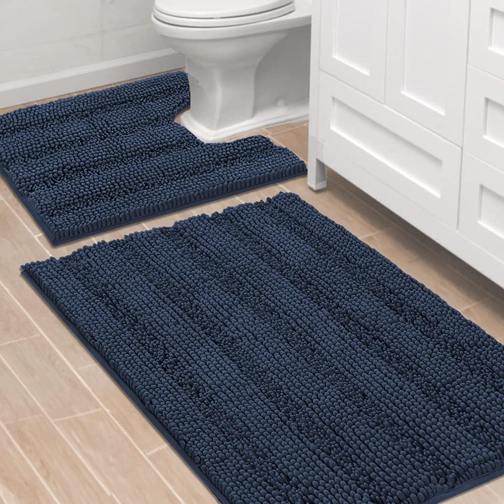 H.VERSAILTEX Sage Bathroom Rugs, Bath Mat Set of 2 Extra Thick Chenille Striped Pattern Shaggy Bath Rugs for Bath Room, Non Skid Bath Mats for Bathroom Floor (32 x 20 Plus 24 x 17 - Inches)