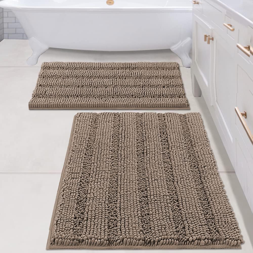 H.VERSAILTEX Sage Bathroom Rugs, Bath Mat Set of 2 Extra Thick Chenille Striped Pattern Shaggy Bath Rugs for Bath Room, Non Skid Bath Mats for Bathroom Floor (32 x 20 Plus 24 x 17 - Inches)