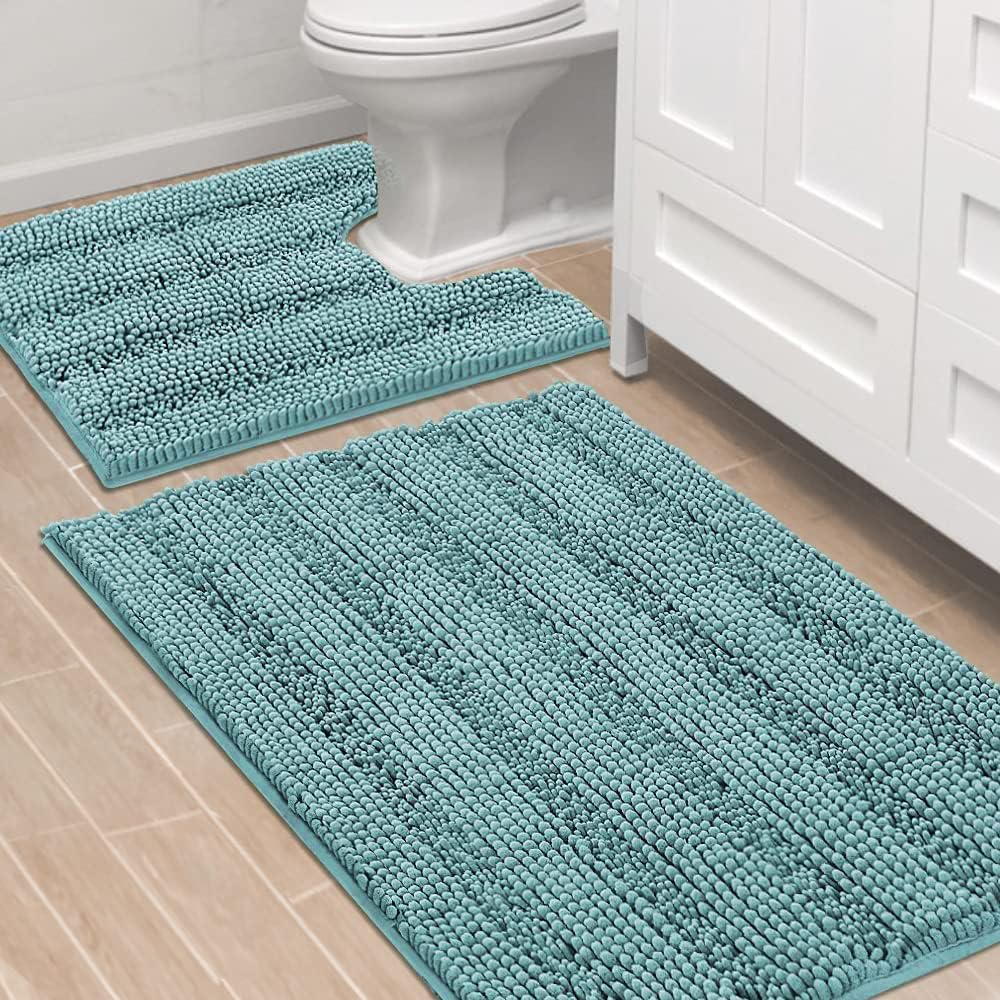 H.VERSAILTEX Sage Bathroom Rugs, Bath Mat Set of 2 Extra Thick Chenille Striped Pattern Shaggy Bath Rugs for Bath Room, Non Skid Bath Mats for Bathroom Floor (32 x 20 Plus 24 x 17 - Inches)