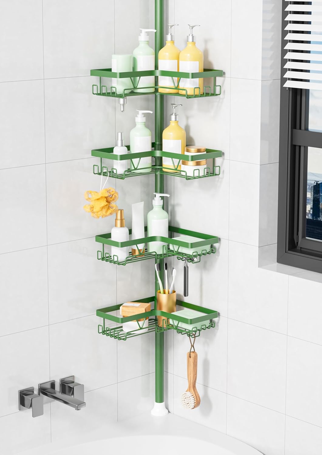 KEGII Corner Shower Caddy Tension Pole - Shower Tension Rod Organizer, Floor to Ceiling Shower Caddy 25-114.2 inch, Towel Rack Corner Waterproof, Black