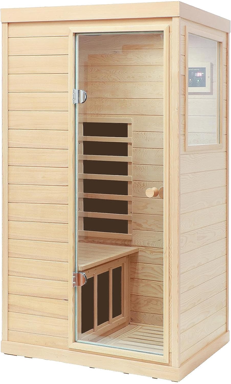 Far Infrared Sauna 1 Person Infrared Sauna Room Canadian Hemlock Wooden Sauna for Home, 1300W Low-EMF Indoor Saunas with Control Panel, Bluetooth Speakers, LED Reading Lamp, Tempered Glass Door