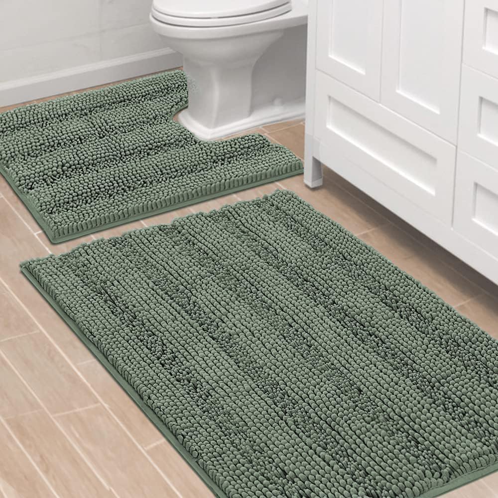H.VERSAILTEX Sage Bathroom Rugs, Bath Mat Set of 2 Extra Thick Chenille Striped Pattern Shaggy Bath Rugs for Bath Room, Non Skid Bath Mats for Bathroom Floor (32 x 20 Plus 24 x 17 - Inches)