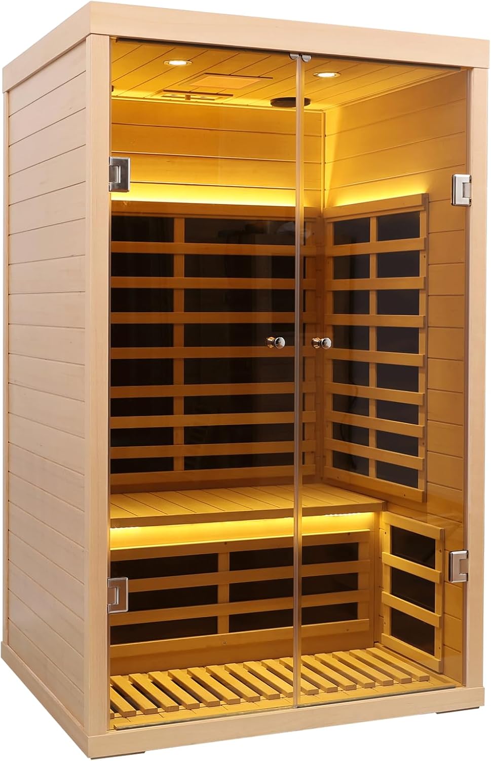 Far Infrared Sauna 1 Person Infrared Sauna Room Canadian Hemlock Wooden Sauna for Home, 1300W Low-EMF Indoor Saunas with Control Panel, Bluetooth Speakers, LED Reading Lamp, Tempered Glass Door
