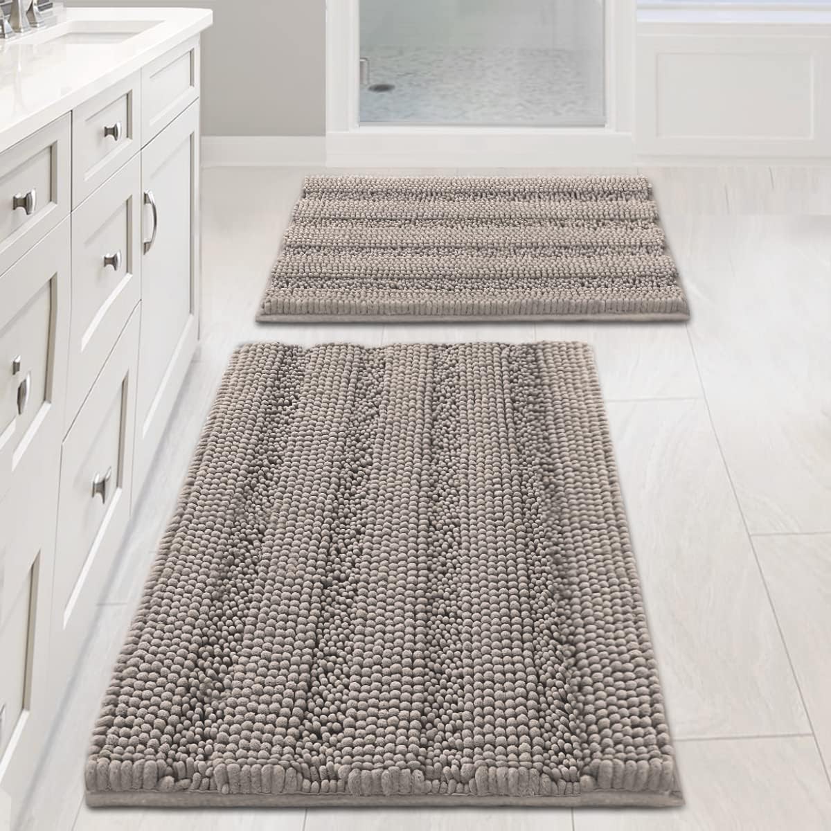 H.VERSAILTEX Sage Bathroom Rugs, Bath Mat Set of 2 Extra Thick Chenille Striped Pattern Shaggy Bath Rugs for Bath Room, Non Skid Bath Mats for Bathroom Floor (32 x 20 Plus 24 x 17 - Inches)