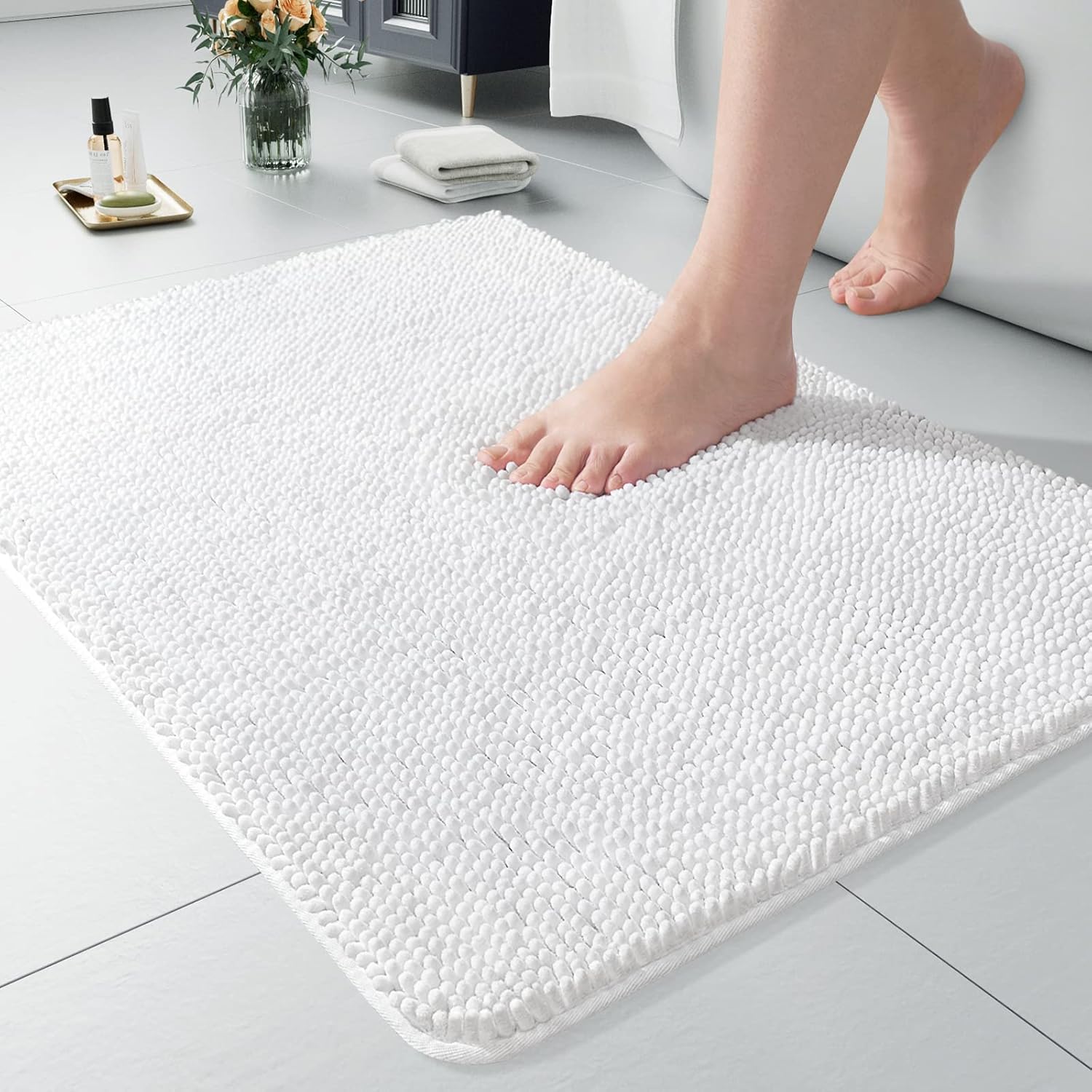 LOCHAS Luxury Bathroom Rug Shaggy Bath Mat 24 x 60 Inch, Washable Non Slip Bath Rugs for Bathroom Shower, Soft Plush Chenille Absorbent Carpets Mats, Gray