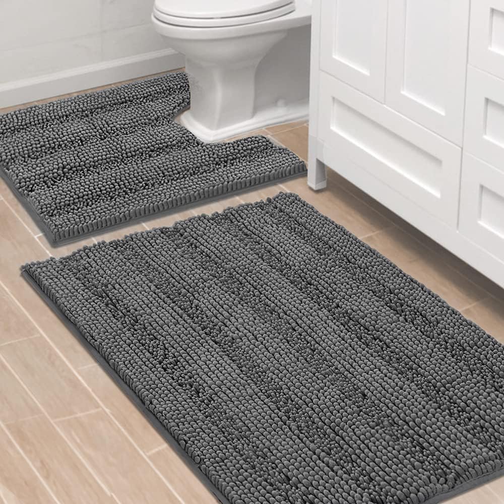 H.VERSAILTEX Sage Bathroom Rugs, Bath Mat Set of 2 Extra Thick Chenille Striped Pattern Shaggy Bath Rugs for Bath Room, Non Skid Bath Mats for Bathroom Floor (32 x 20 Plus 24 x 17 - Inches)