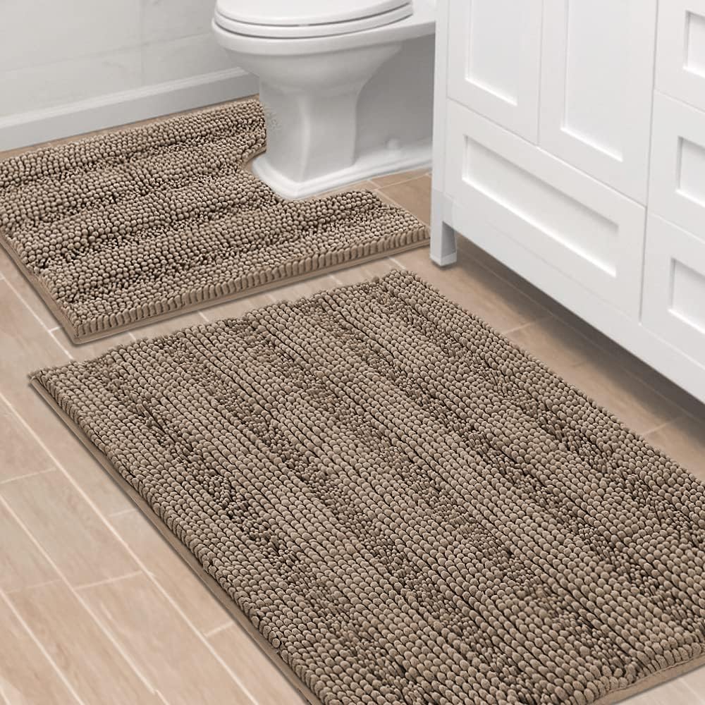 H.VERSAILTEX Sage Bathroom Rugs, Bath Mat Set of 2 Extra Thick Chenille Striped Pattern Shaggy Bath Rugs for Bath Room, Non Skid Bath Mats for Bathroom Floor (32 x 20 Plus 24 x 17 - Inches)