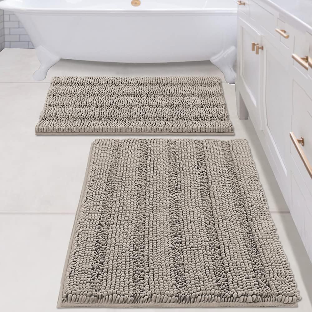 H.VERSAILTEX Sage Bathroom Rugs, Bath Mat Set of 2 Extra Thick Chenille Striped Pattern Shaggy Bath Rugs for Bath Room, Non Skid Bath Mats for Bathroom Floor (32 x 20 Plus 24 x 17 - Inches)