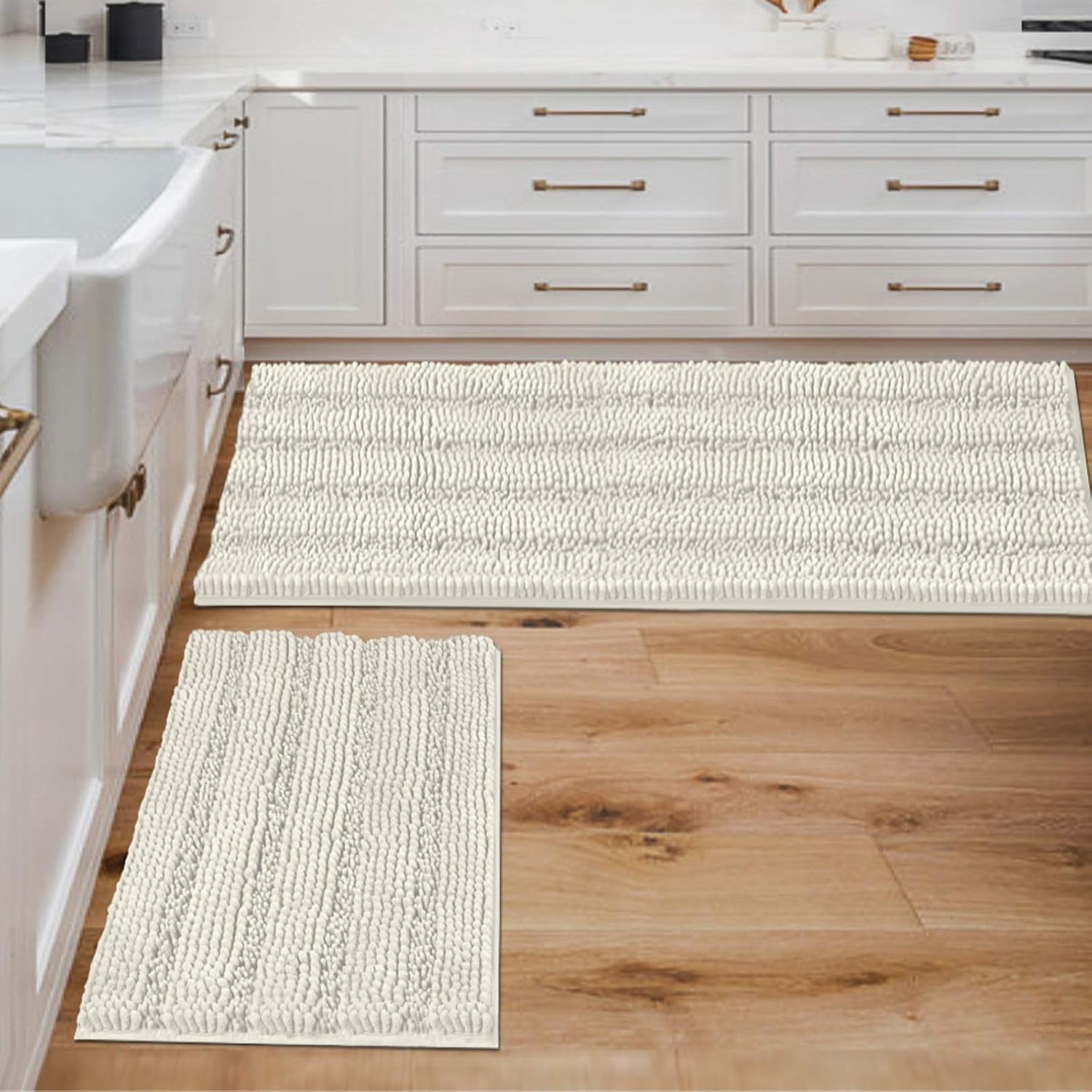 H.VERSAILTEX Sage Bathroom Rugs, Bath Mat Set of 2 Extra Thick Chenille Striped Pattern Shaggy Bath Rugs for Bath Room, Non Skid Bath Mats for Bathroom Floor (32 x 20 Plus 24 x 17 - Inches)