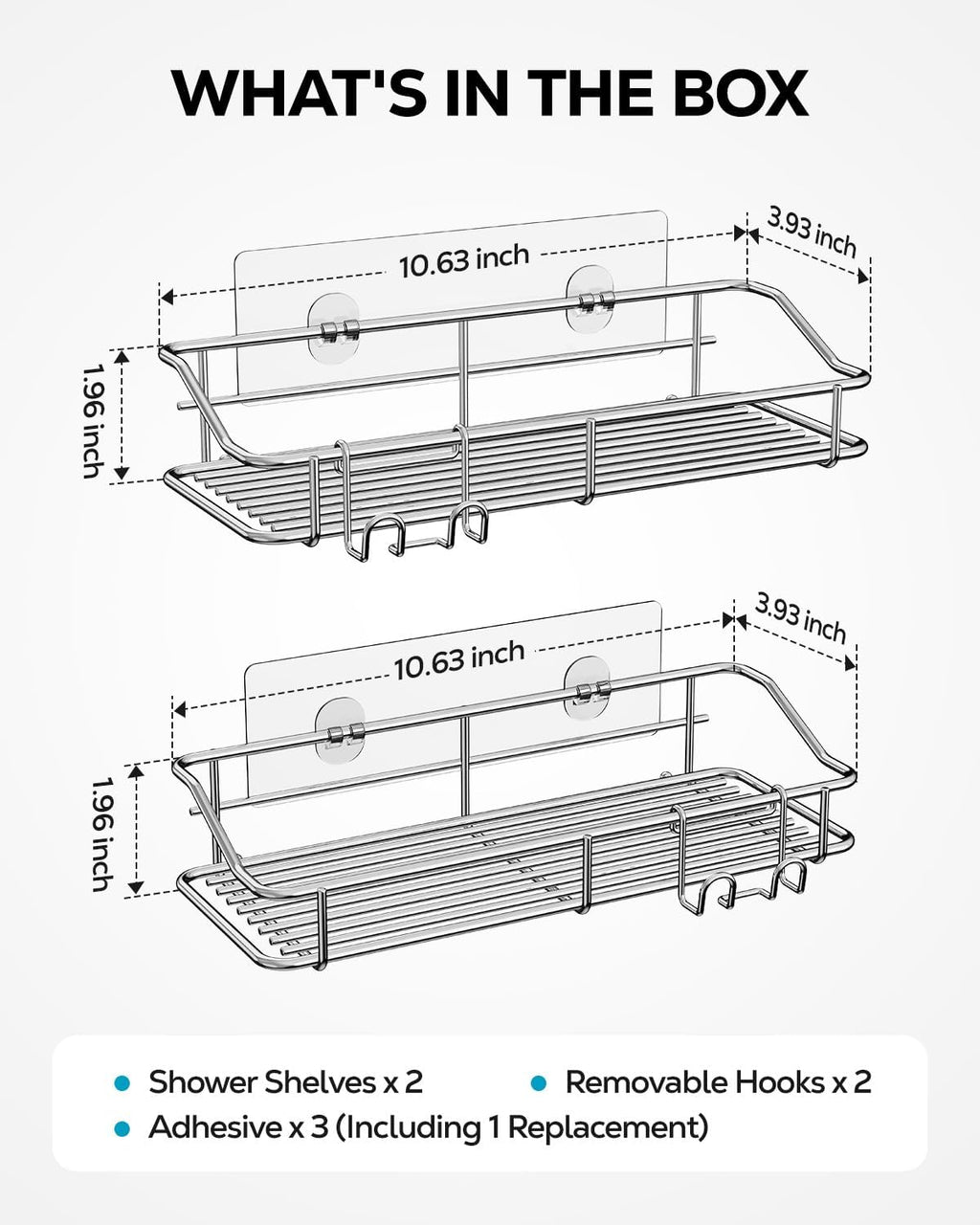 Nieifi Shower Caddy Shelf Storage Rack Adhesive Without Drilling Stainless Steel with Hooks for Washroom, Lavatory, Restroom, Toilet, Bathroom, Kitchen - 2 Pack
