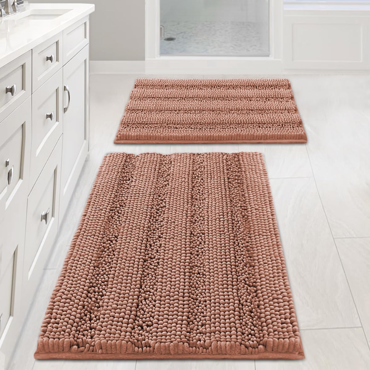 H.VERSAILTEX Sage Bathroom Rugs, Bath Mat Set of 2 Extra Thick Chenille Striped Pattern Shaggy Bath Rugs for Bath Room, Non Skid Bath Mats for Bathroom Floor (32 x 20 Plus 24 x 17 - Inches)