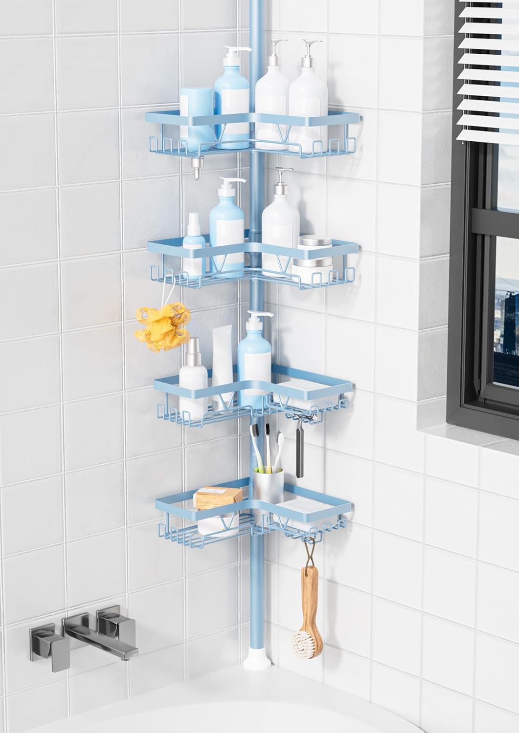 KEGII Corner Shower Caddy Tension Pole - Shower Tension Rod Organizer, Floor to Ceiling Shower Caddy 25-114.2 inch, Towel Rack Corner Waterproof, Black