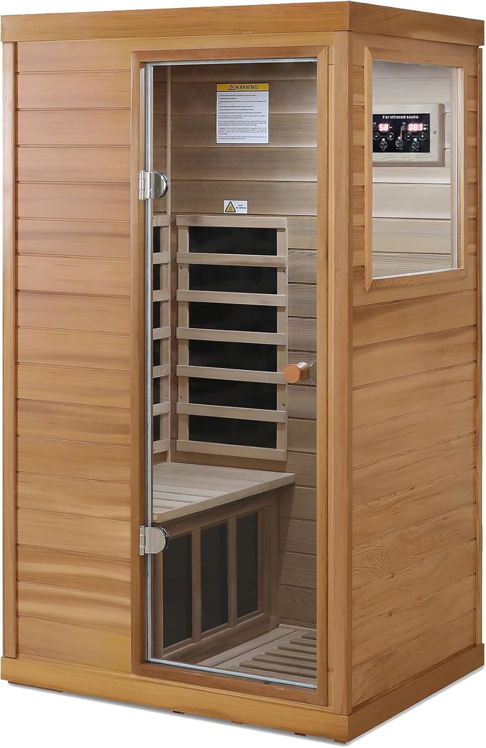 Far Infrared Sauna 1 Person Infrared Sauna Room Canadian Hemlock Wooden Sauna for Home, 1300W Low-EMF Indoor Saunas with Control Panel, Bluetooth Speakers, LED Reading Lamp, Tempered Glass Door