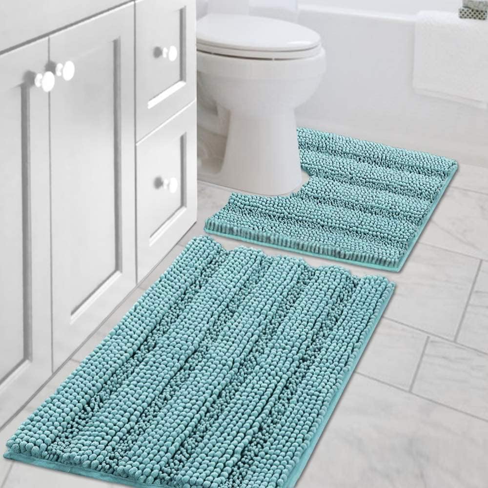 H.VERSAILTEX Sage Bathroom Rugs, Bath Mat Set of 2 Extra Thick Chenille Striped Pattern Shaggy Bath Rugs for Bath Room, Non Skid Bath Mats for Bathroom Floor (32 x 20 Plus 24 x 17 - Inches)