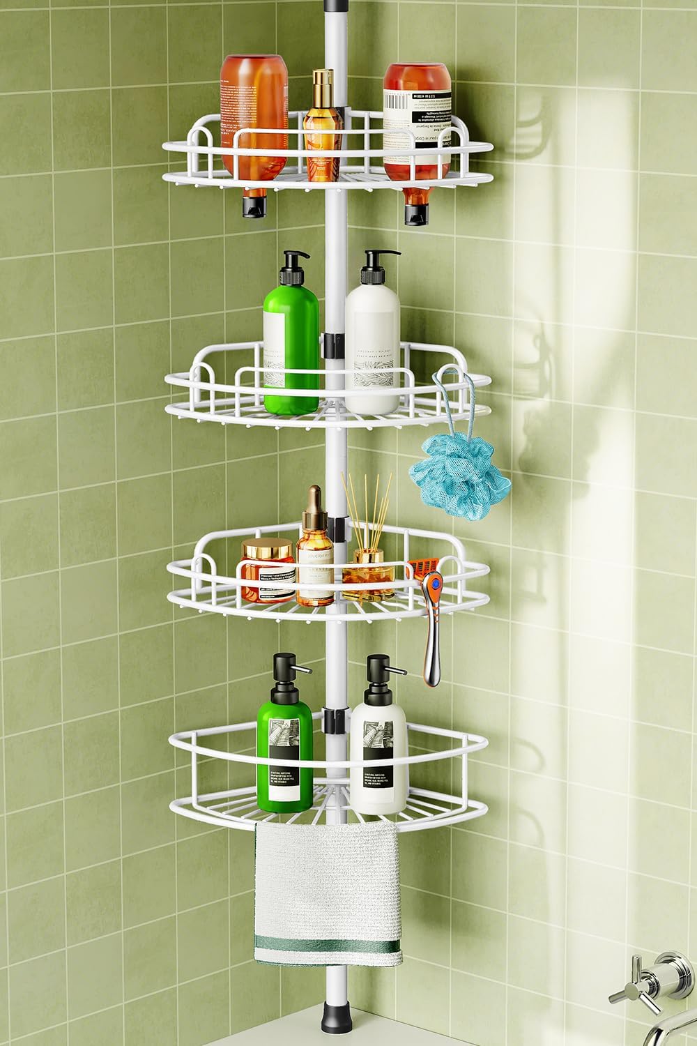 HAMITOR Corner Shower Caddy Tension Pole: 4-Tier Rust-Resistant Adjustable Bathroom Organizer Shelves - 47-121 Inch No-Drill Quick Installation - Space-Saving Storage for Renters Family - Silver Gray