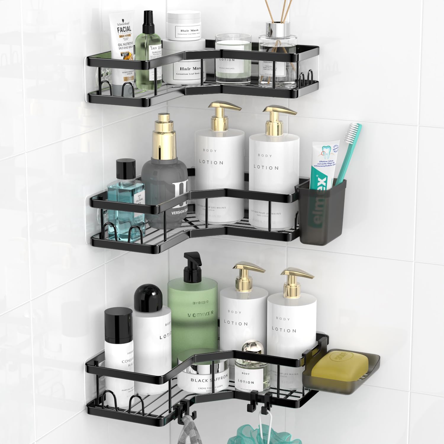 Corner Shower Caddy, 2 Pack Adhesive Shower Corner Organizer Shelves, No Drilling Stainless Steel Shower Storage Rack with Hooks&Toothpaste Holder for Bathroom Kitchen （for 90° Corners Only）