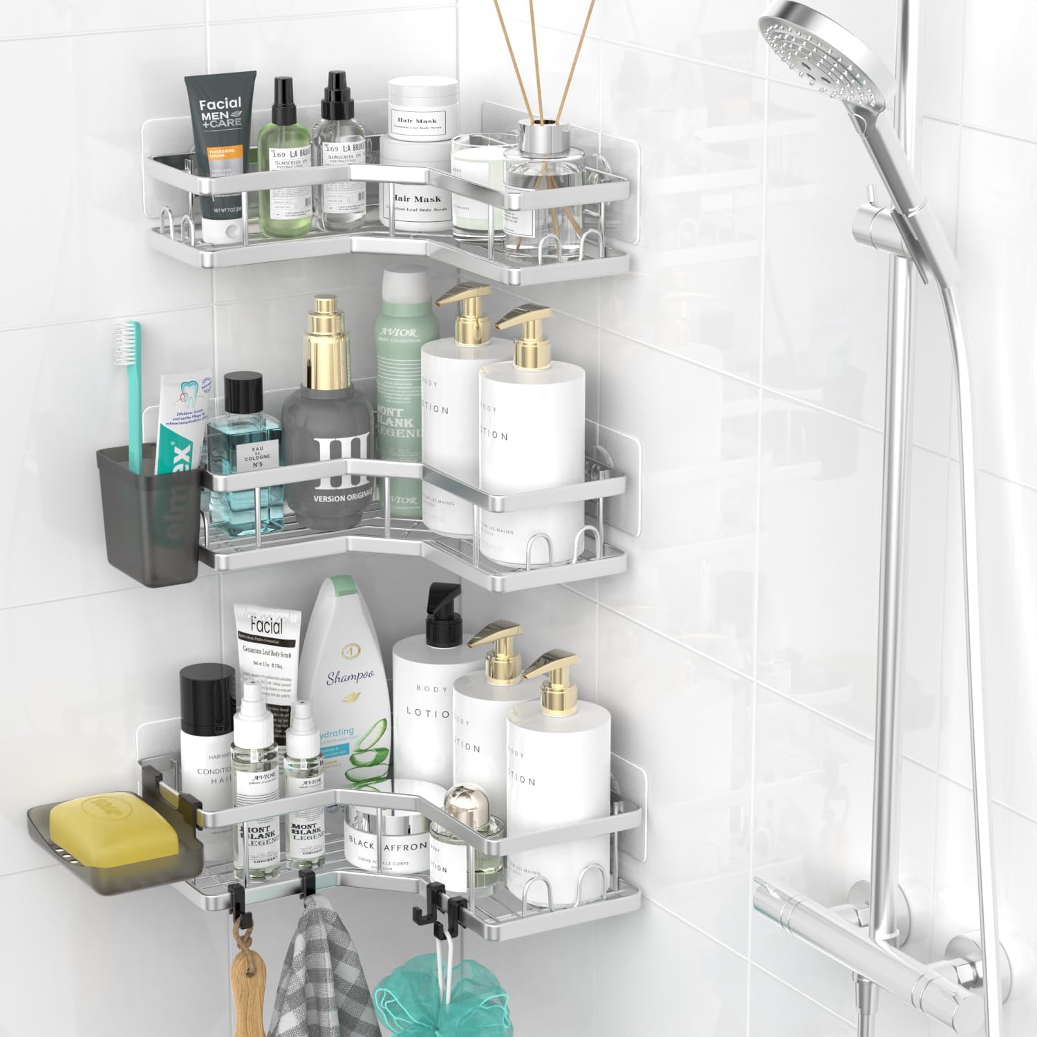 Corner Shower Caddy, 2 Pack Adhesive Shower Corner Organizer Shelves, No Drilling Stainless Steel Shower Storage Rack with Hooks&Toothpaste Holder for Bathroom Kitchen （for 90° Corners Only）