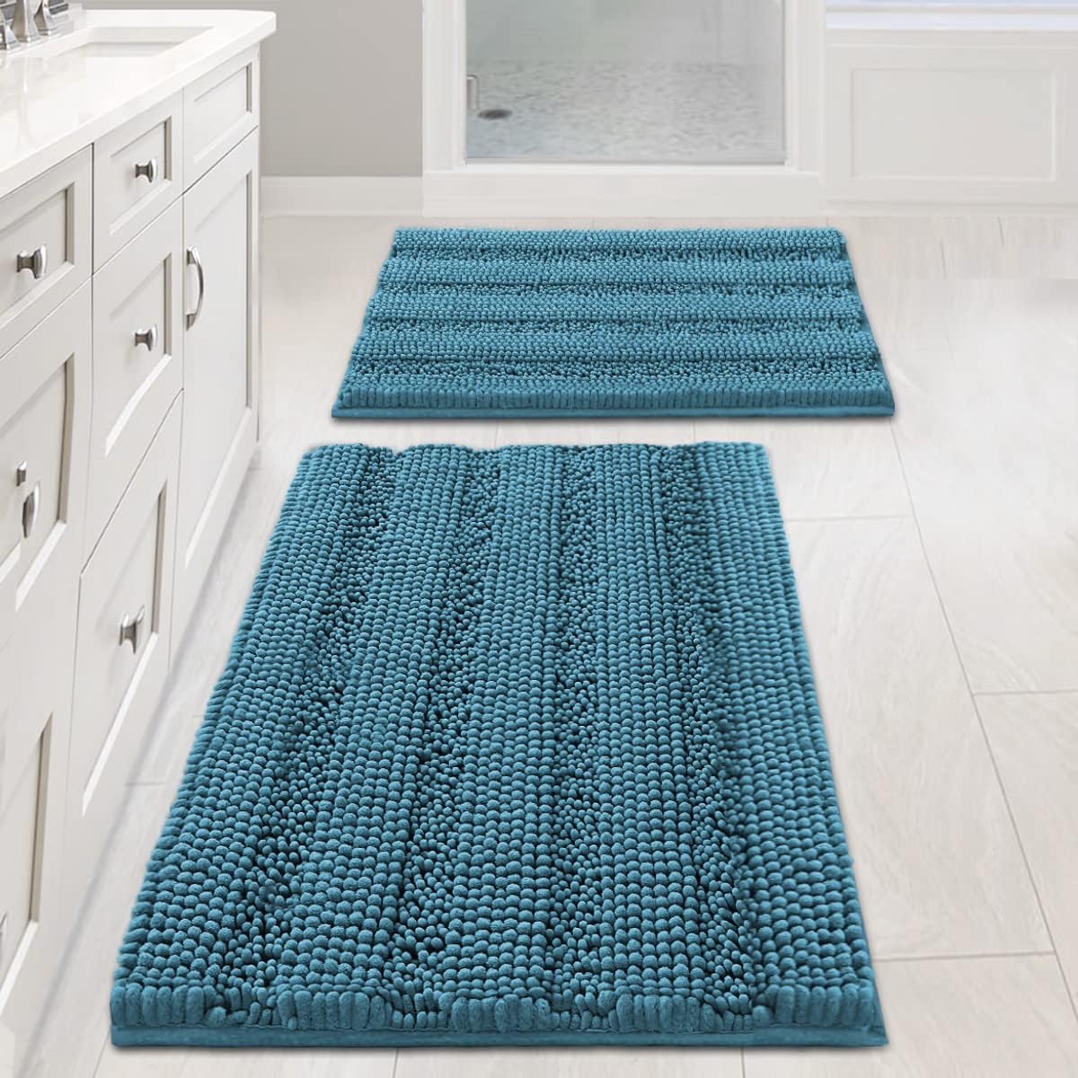 H.VERSAILTEX Sage Bathroom Rugs, Bath Mat Set of 2 Extra Thick Chenille Striped Pattern Shaggy Bath Rugs for Bath Room, Non Skid Bath Mats for Bathroom Floor (32 x 20 Plus 24 x 17 - Inches)