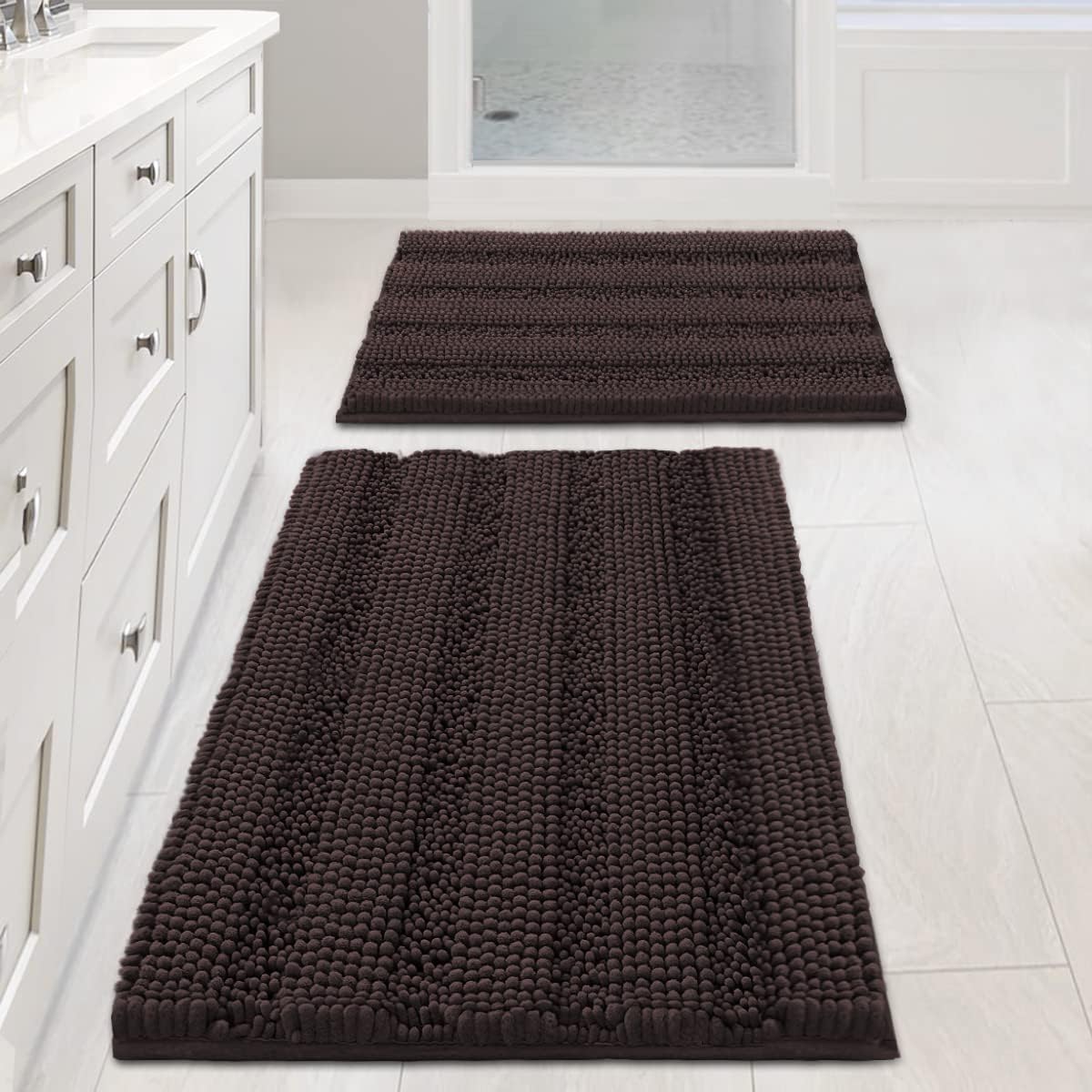 H.VERSAILTEX Sage Bathroom Rugs, Bath Mat Set of 2 Extra Thick Chenille Striped Pattern Shaggy Bath Rugs for Bath Room, Non Skid Bath Mats for Bathroom Floor (32 x 20 Plus 24 x 17 - Inches)