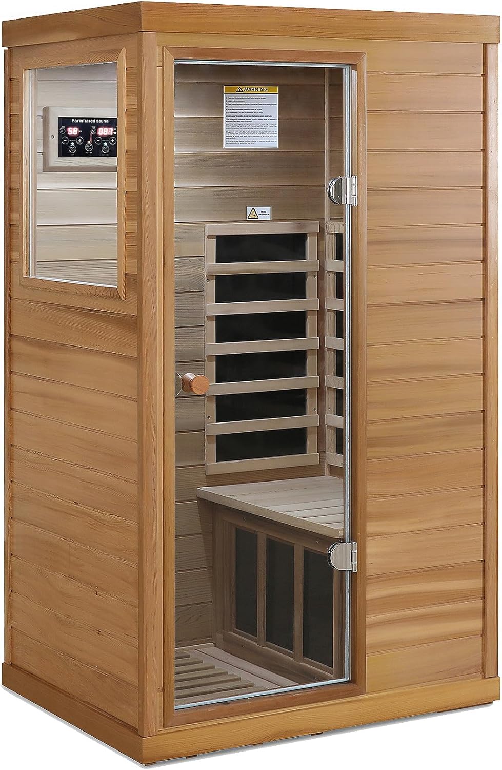 Far Infrared Sauna 1 Person Infrared Sauna Room Canadian Hemlock Wooden Sauna for Home, 1300W Low-EMF Indoor Saunas with Control Panel, Bluetooth Speakers, LED Reading Lamp, Tempered Glass Door