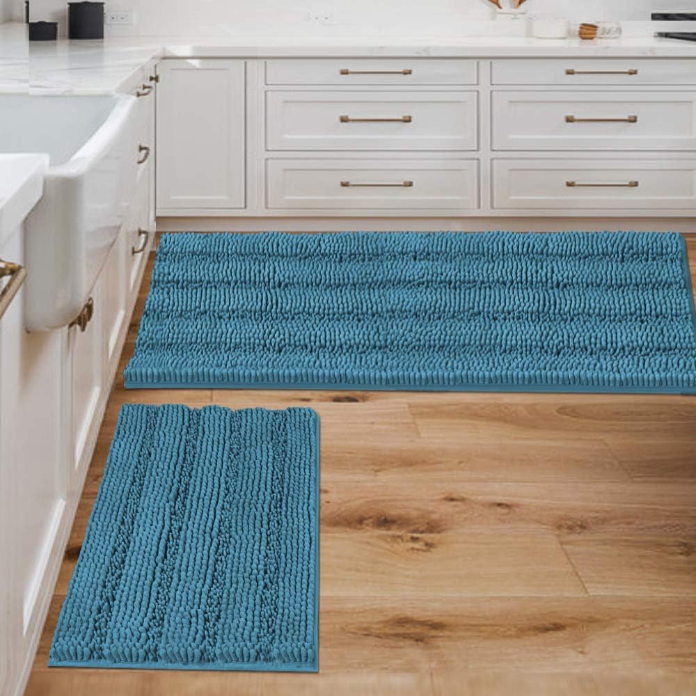 H.VERSAILTEX Sage Bathroom Rugs, Bath Mat Set of 2 Extra Thick Chenille Striped Pattern Shaggy Bath Rugs for Bath Room, Non Skid Bath Mats for Bathroom Floor (32 x 20 Plus 24 x 17 - Inches)