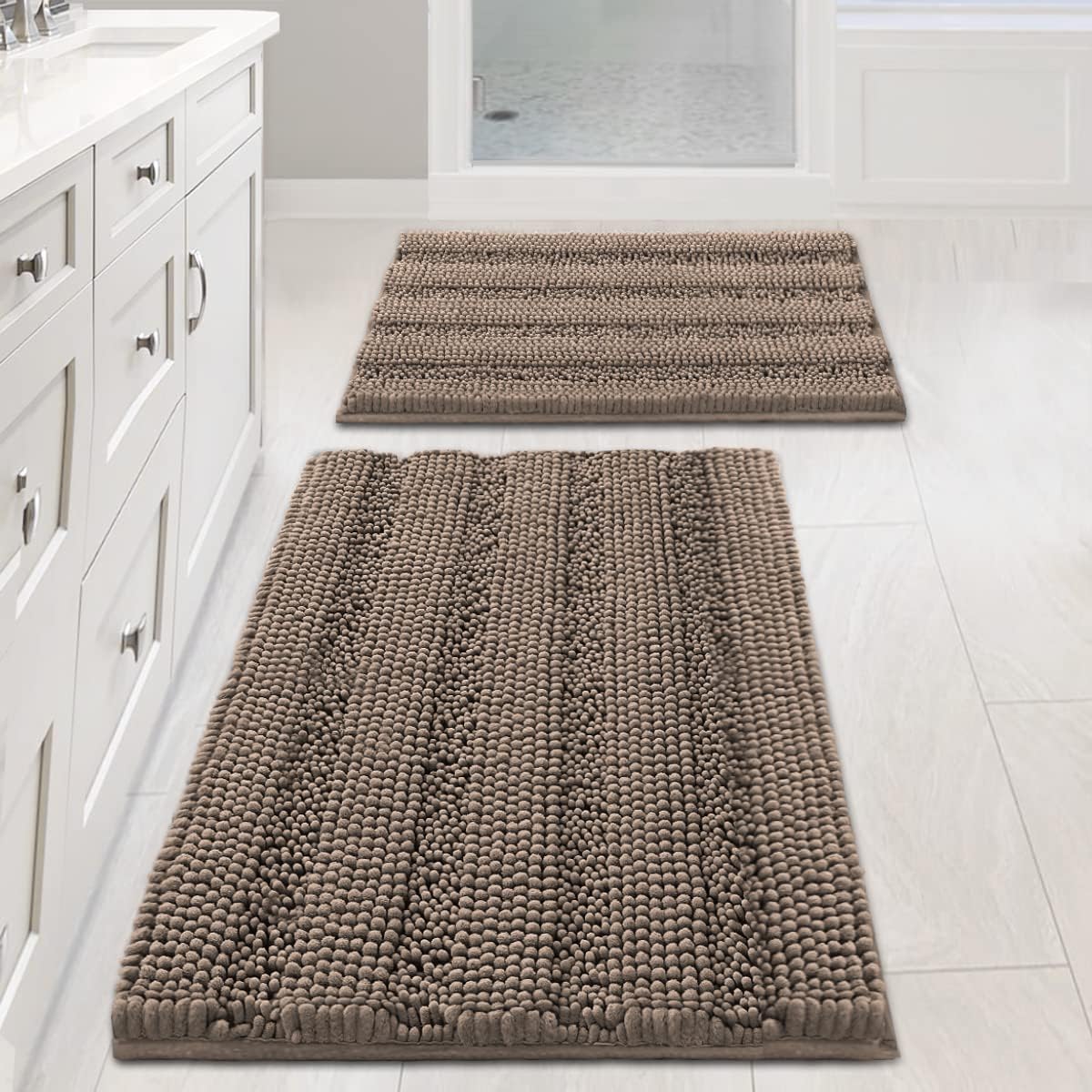 H.VERSAILTEX Sage Bathroom Rugs, Bath Mat Set of 2 Extra Thick Chenille Striped Pattern Shaggy Bath Rugs for Bath Room, Non Skid Bath Mats for Bathroom Floor (32 x 20 Plus 24 x 17 - Inches)