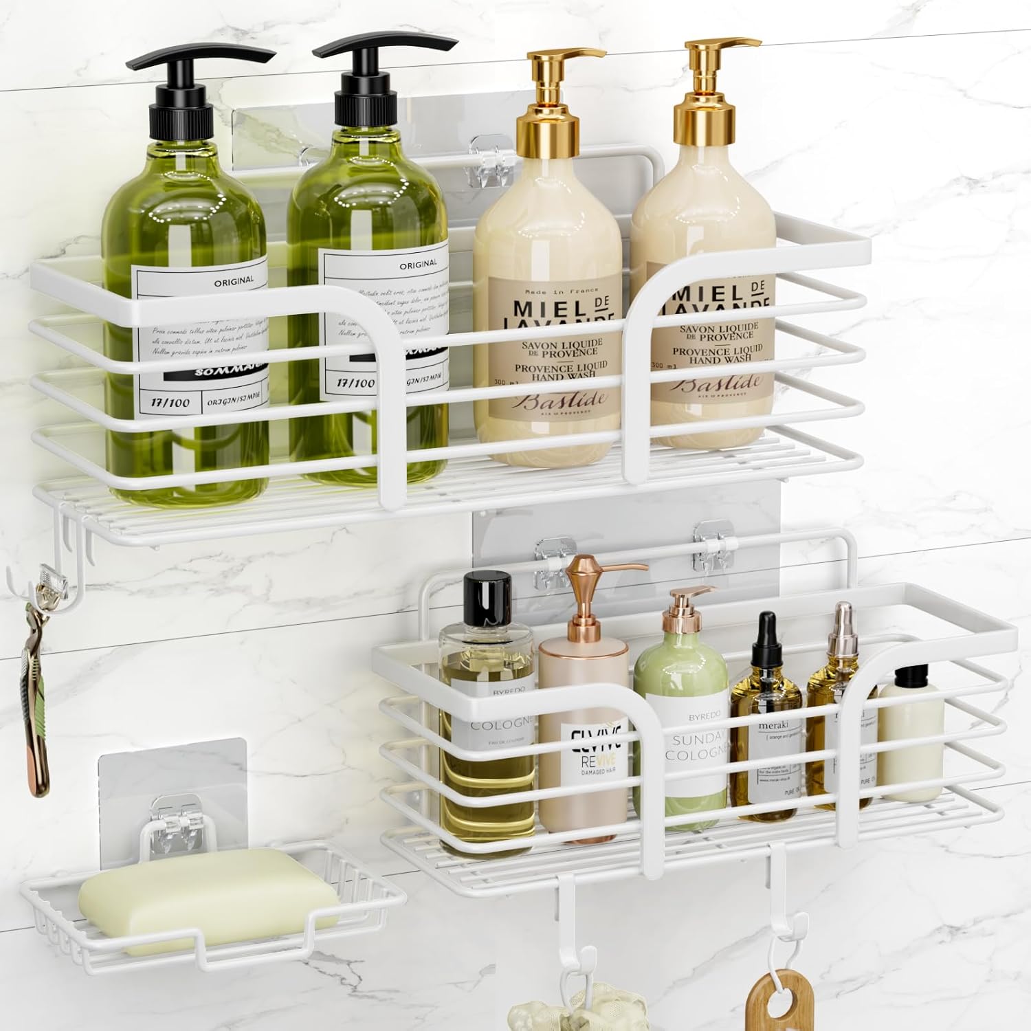 Yougai Shower Caddy, Shower Organizer with Soap Holder and Hooks, Rustproof Shower Shelves, No Drilling Bathroom Organizers and Storage, Wall-Mounted Kitchen & Home Decor (Black)