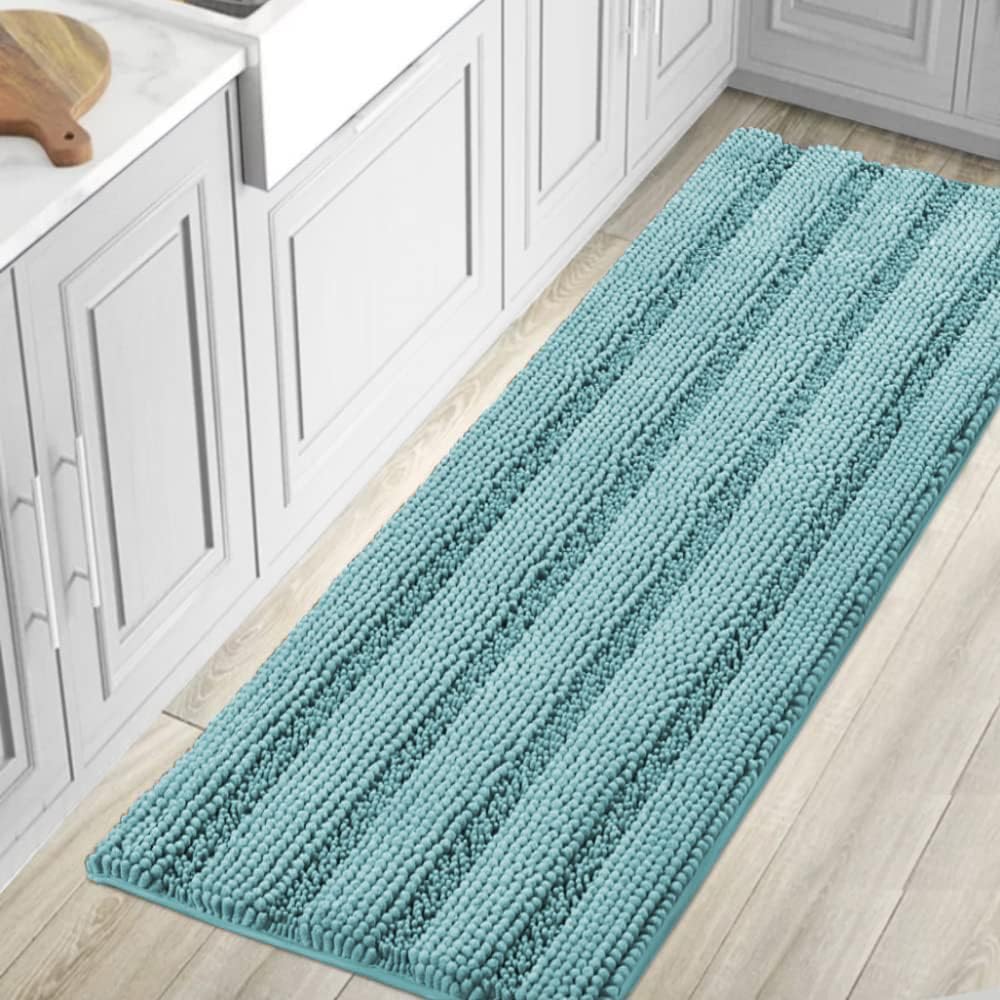 H.VERSAILTEX Sage Bathroom Rugs, Bath Mat Set of 2 Extra Thick Chenille Striped Pattern Shaggy Bath Rugs for Bath Room, Non Skid Bath Mats for Bathroom Floor (32 x 20 Plus 24 x 17 - Inches)