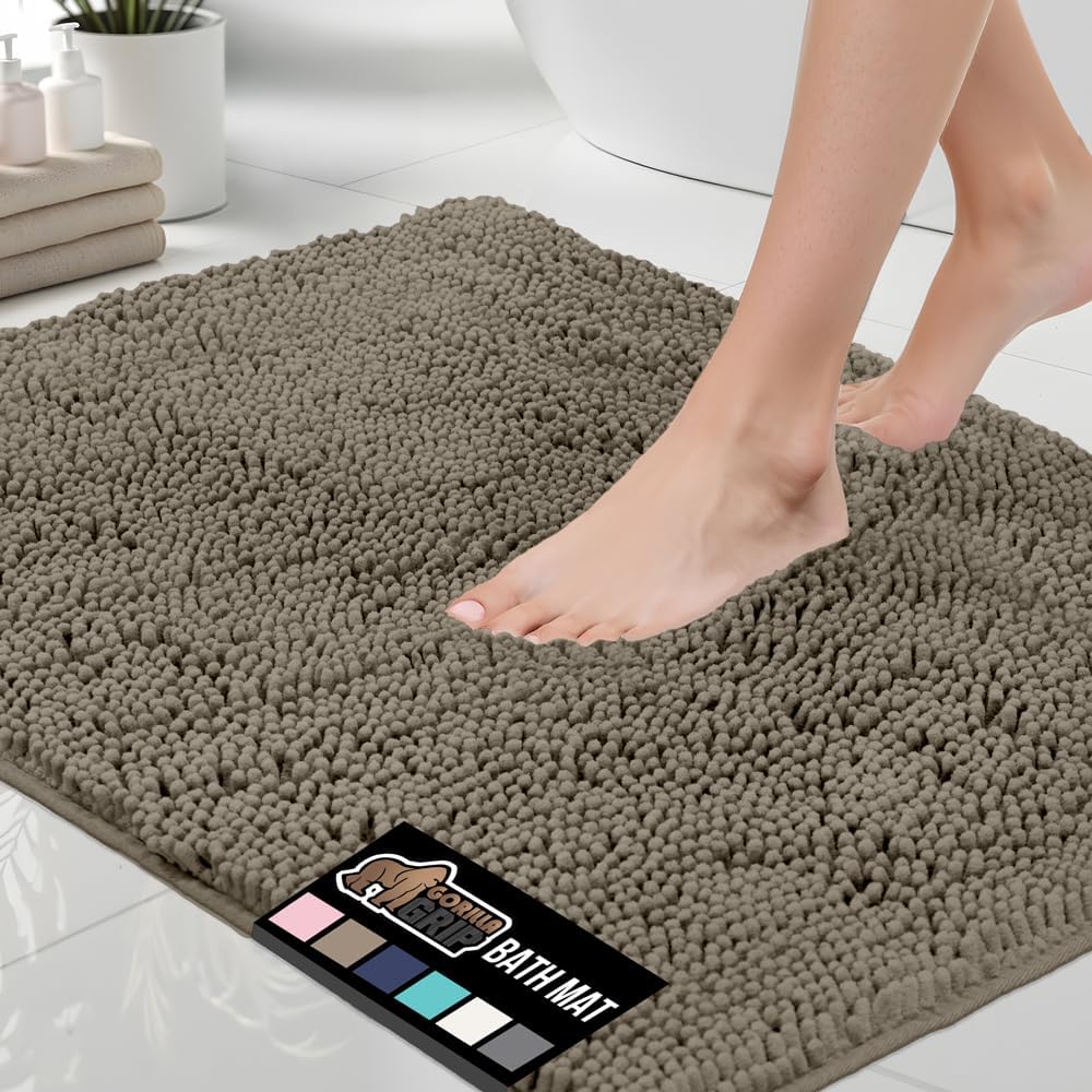 GORILLA GRIP Bath Rug Mat, Thick Soft Absorbent Chenille, Quick Dry Microfiber Mats, Rubber Backing Washable Shower Floor Rugs, US Designed Bathroom Bathmat Home Decor Accessories, 24x17, Grey