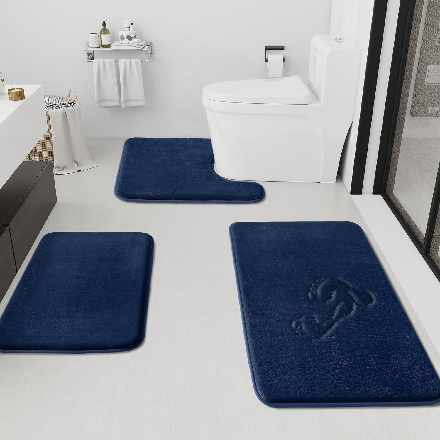HUXMEYSON Bathroom Rugs Sets 3 Piece, Non-Slip & Quick Dry Bath Mat Set, Ultra Soft Velvet Bath Rugs for Bathroom, Toilet and Shower Floor, Grey