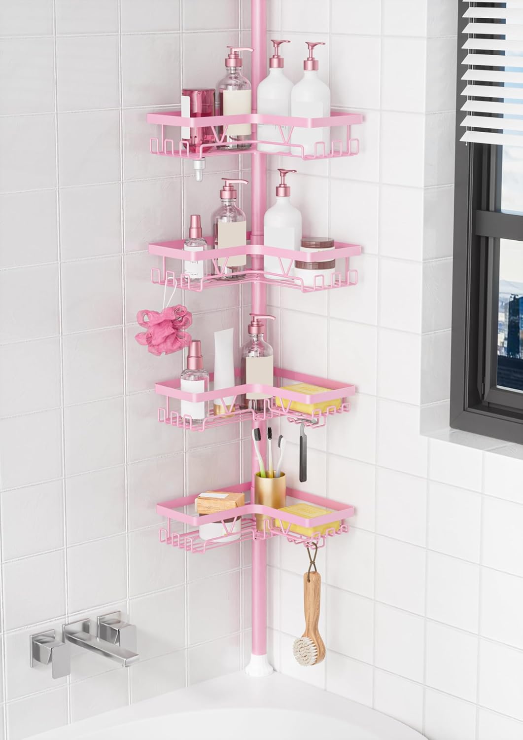 KEGII Corner Shower Caddy Tension Pole - Shower Tension Rod Organizer, Floor to Ceiling Shower Caddy 25-114.2 inch, Towel Rack Corner Waterproof, Black