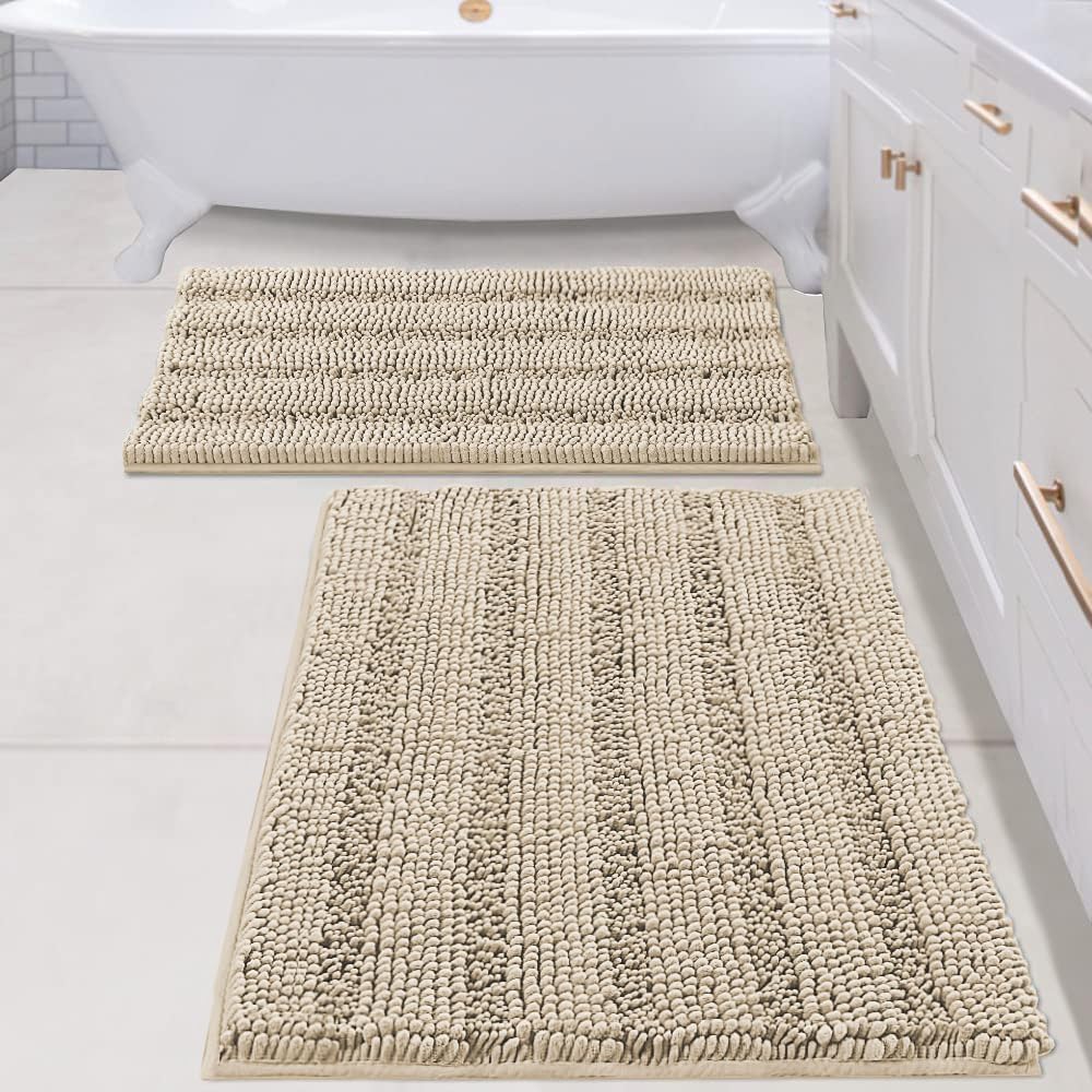 H.VERSAILTEX Sage Bathroom Rugs, Bath Mat Set of 2 Extra Thick Chenille Striped Pattern Shaggy Bath Rugs for Bath Room, Non Skid Bath Mats for Bathroom Floor (32 x 20 Plus 24 x 17 - Inches)