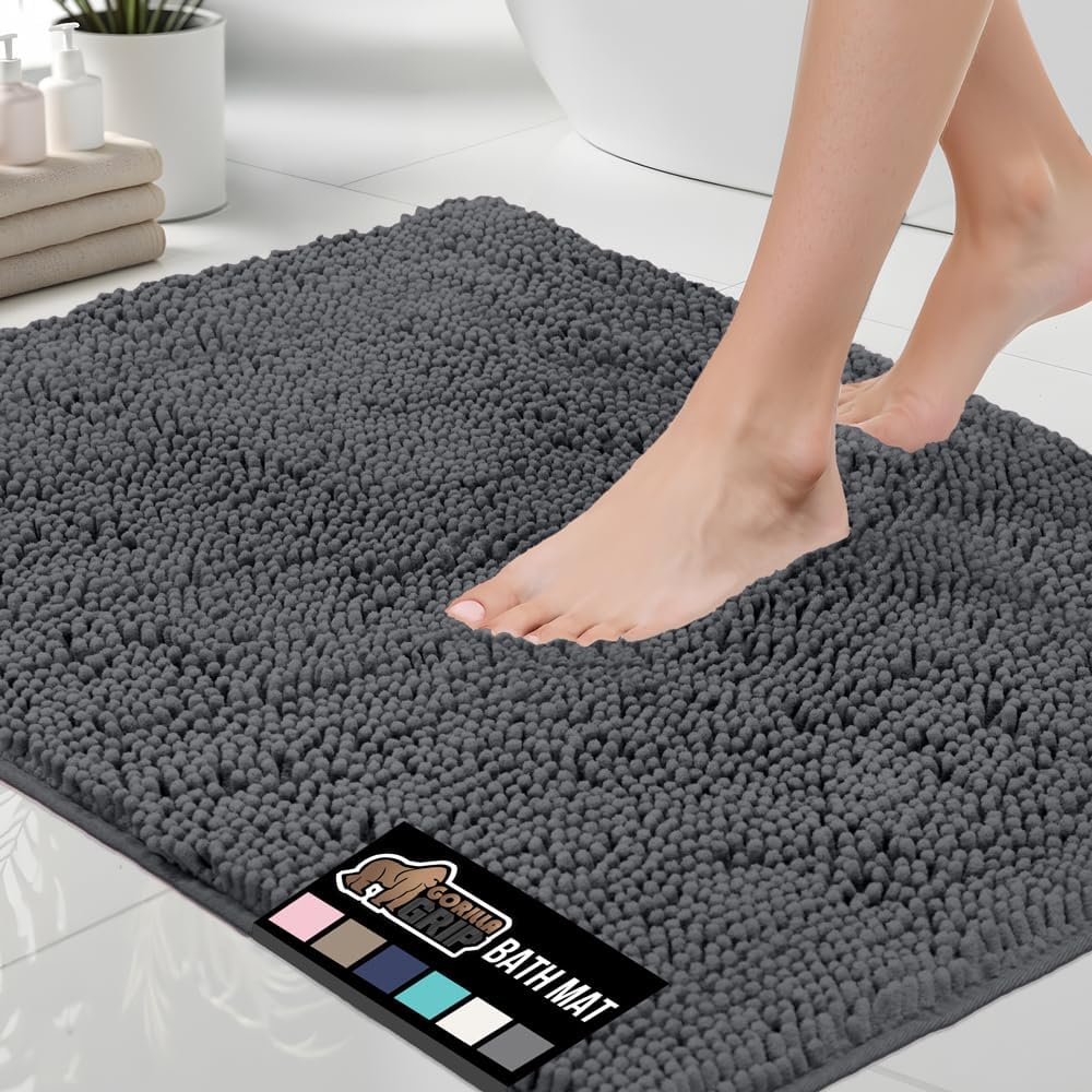 GORILLA GRIP Bath Rug Mat, Thick Soft Absorbent Chenille, Quick Dry Microfiber Mats, Rubber Backing Washable Shower Floor Rugs, US Designed Bathroom Bathmat Home Decor Accessories, 24x17, Grey