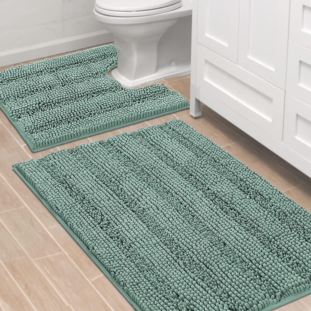 H.VERSAILTEX Sage Bathroom Rugs, Bath Mat Set of 2 Extra Thick Chenille Striped Pattern Shaggy Bath Rugs for Bath Room, Non Skid Bath Mats for Bathroom Floor (32 x 20 Plus 24 x 17 - Inches)