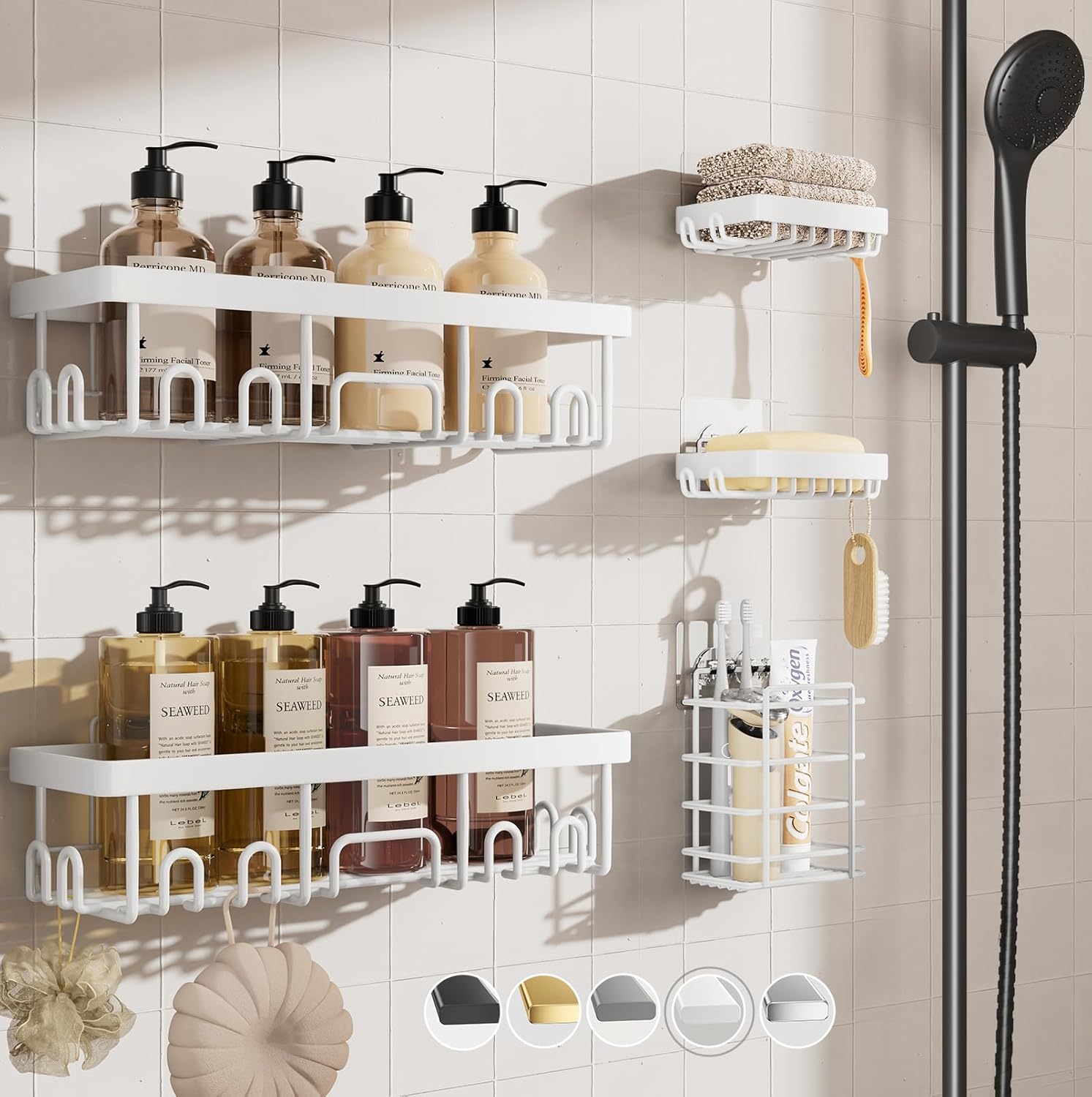 Veken Shower Caddy 6-Pack, Advanced Rustproof Design, No Drilling Adhesive Shelves, Rack with Soap Holder, Large Capacity Bathroom Organizers and Storage, Wall-Mounted Kitchen & Home Decor