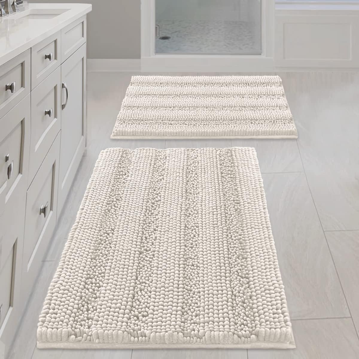 H.VERSAILTEX Sage Bathroom Rugs, Bath Mat Set of 2 Extra Thick Chenille Striped Pattern Shaggy Bath Rugs for Bath Room, Non Skid Bath Mats for Bathroom Floor (32 x 20 Plus 24 x 17 - Inches)