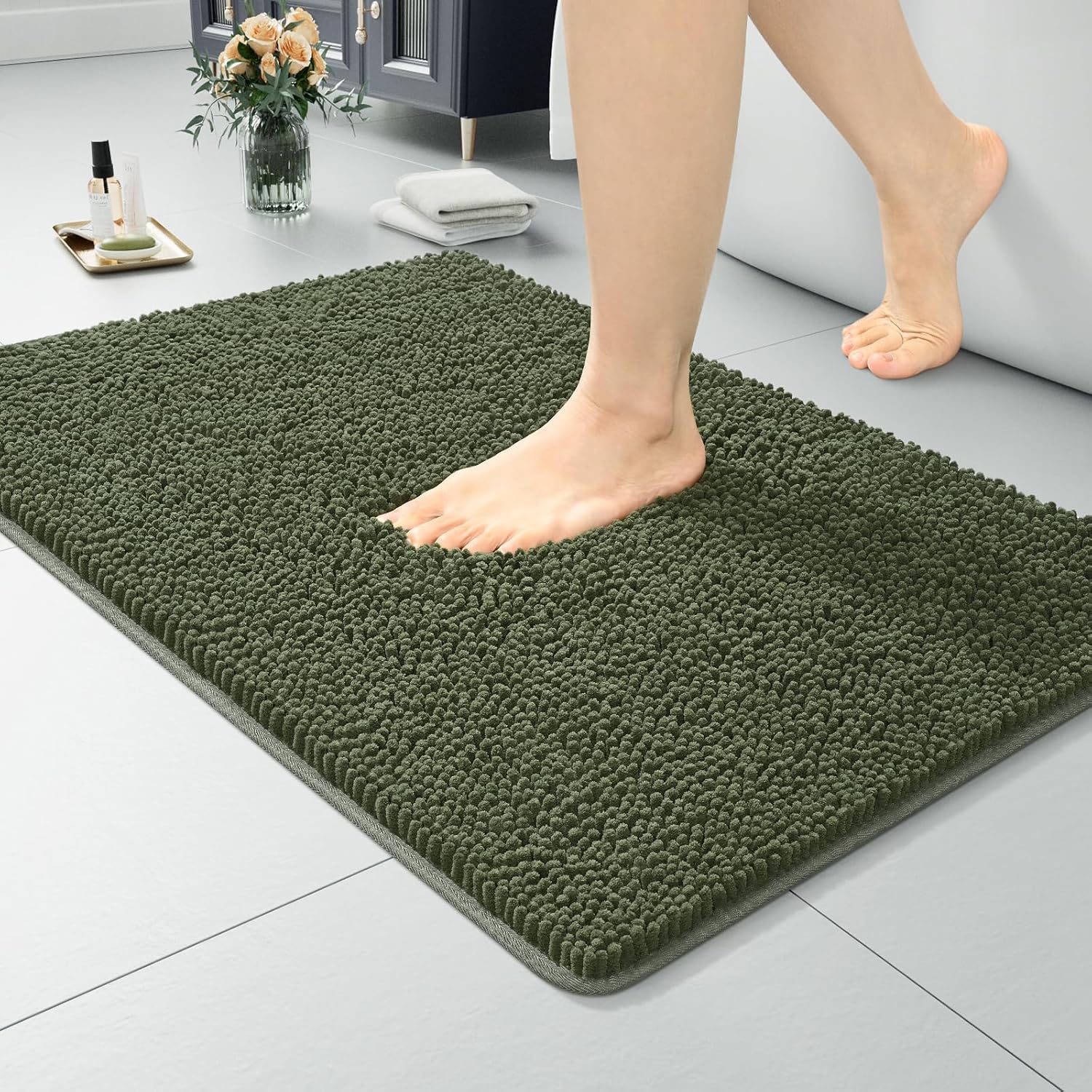 LOCHAS Luxury Bathroom Rug Shaggy Bath Mat 24 x 60 Inch, Washable Non Slip Bath Rugs for Bathroom Shower, Soft Plush Chenille Absorbent Carpets Mats, Gray