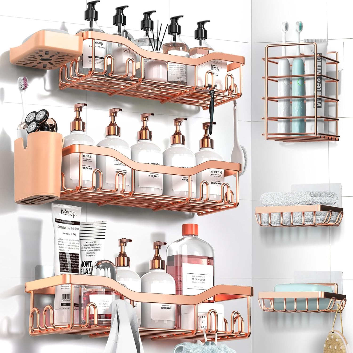 Shower Caddy Adhesive Shower Organizer 7-Pack, Rustproof Stainless Steel Bathroom Shelves, Large Capacity No-Drill Rack Storage Accessories with Soap Dish Toothbrush Holder &24 Hooks Home Decor