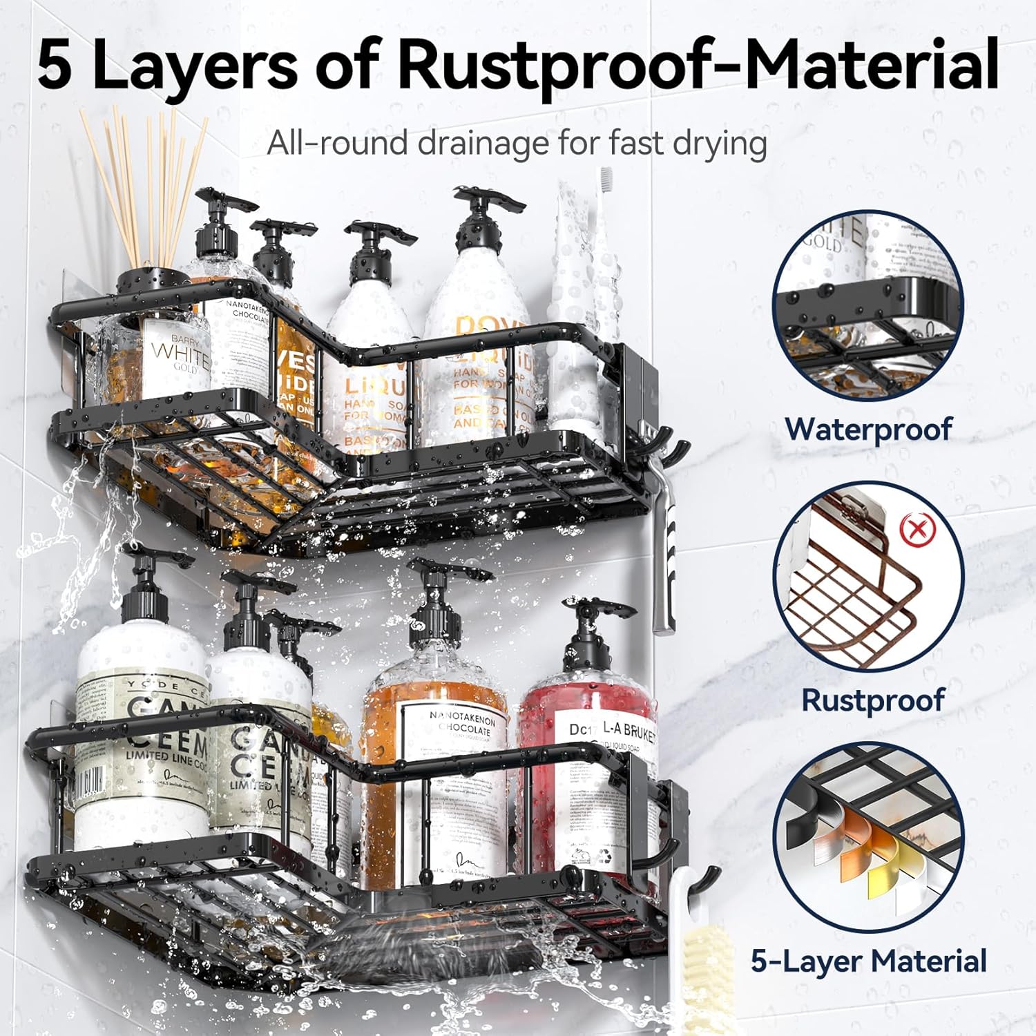 YASONIC Shower Caddy Corner, 3-Pack Adhesive Rustproof Stainless Steel Shower Shelves with Soap Holder, No Drilling Shower Organizer Corner for Dorm, Renters Bathroom, Black