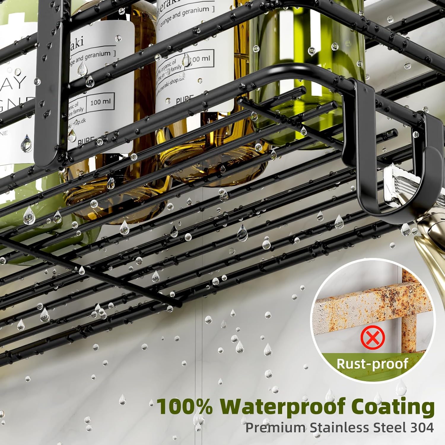 Yougai Shower Caddy, Shower Organizer with Soap Holder and Hooks, Rustproof Shower Shelves, No Drilling Bathroom Organizers and Storage, Wall-Mounted Kitchen & Home Decor (Black)