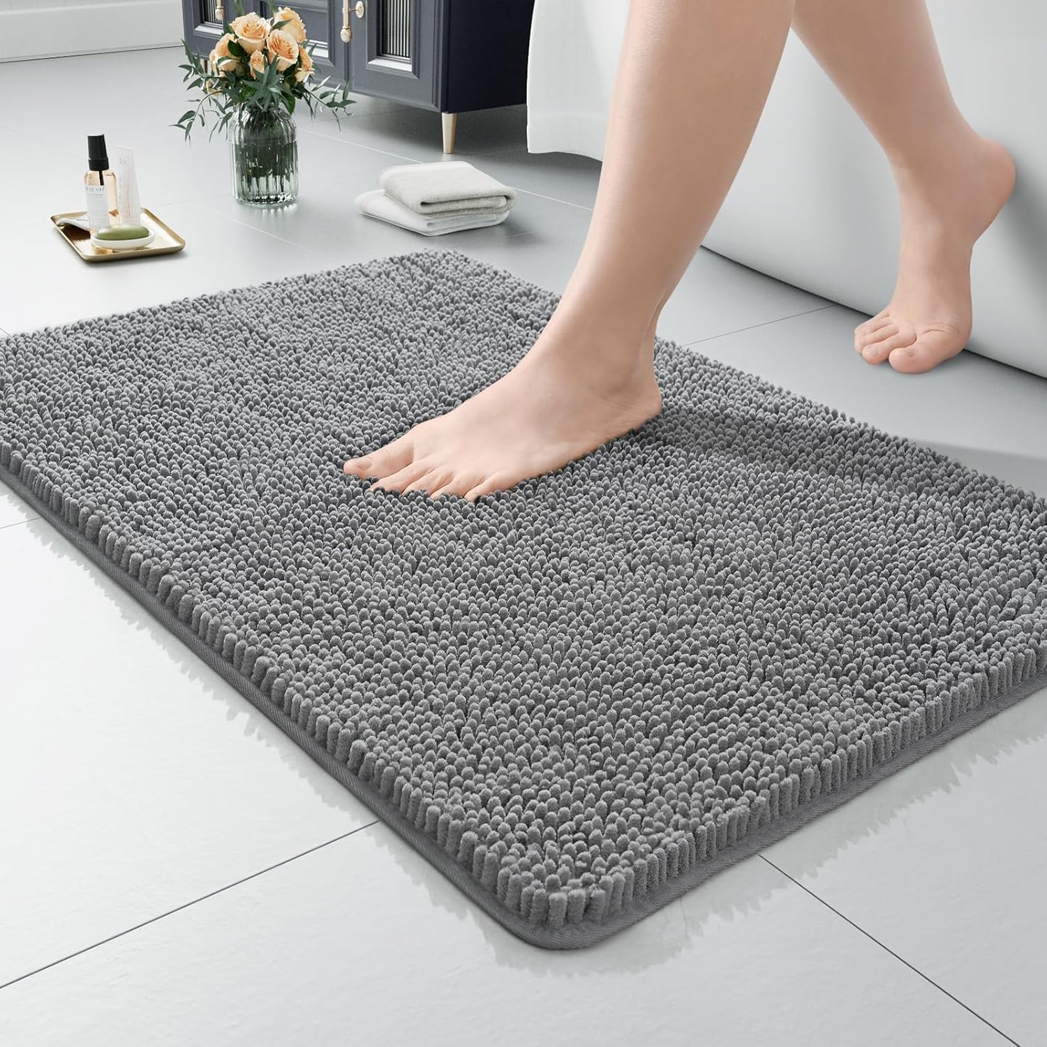 LOCHAS Luxury Bathroom Rug Shaggy Bath Mat 24 x 60 Inch, Washable Non Slip Bath Rugs for Bathroom Shower, Soft Plush Chenille Absorbent Carpets Mats, Gray