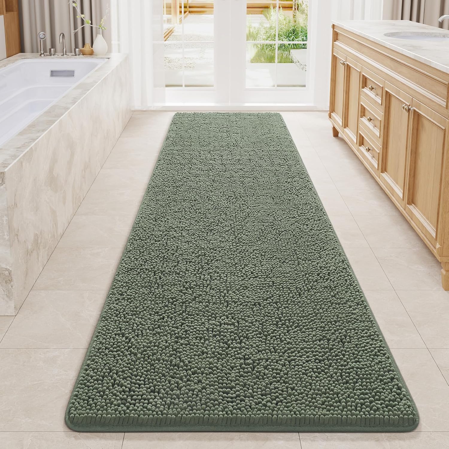 LOCHAS Luxury Bathroom Rug Shaggy Bath Mat 24 x 60 Inch, Washable Non Slip Bath Rugs for Bathroom Shower, Soft Plush Chenille Absorbent Carpets Mats, Gray