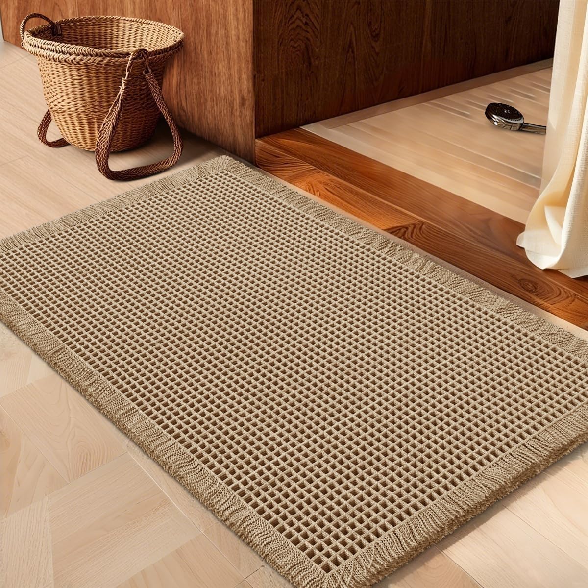 IM HOME Waffle Bath Mat Beige 32"x20", Boho Woven Modern Bath Mat Rugs, Absorbent Non Slip Bathroom Rugs, Soft Washable Bath Rugs with Tassels for Bathroom, Bedroom, Kitchen, Shower, Tub