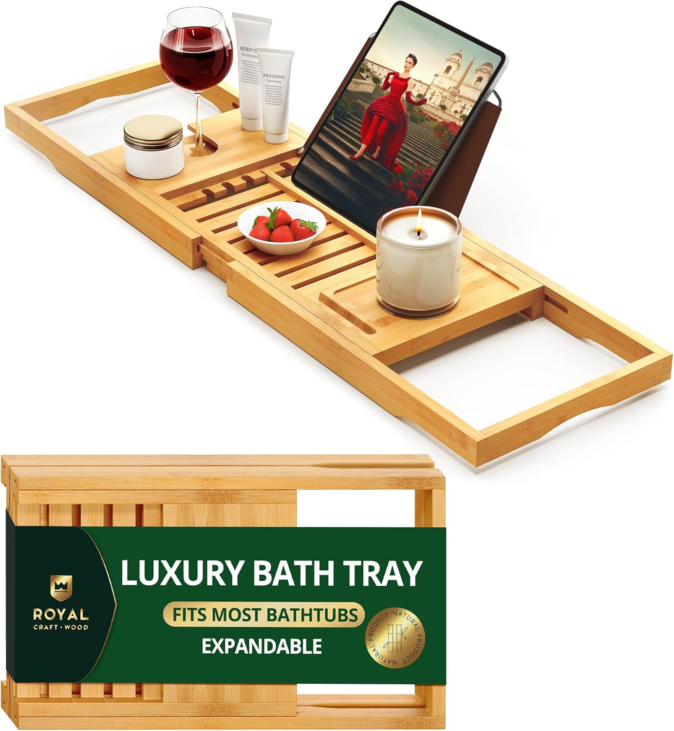 ROYAL CRAFT WOOD Bathtub Tray Caddy for Tub, Bamboo Bath Shelf, Premium Foldable Wood Bath Table, Expandable Bathtub & Bathroom Accessories, New Home Gifts for Mom, Housewarming, Anniversary, Wedding