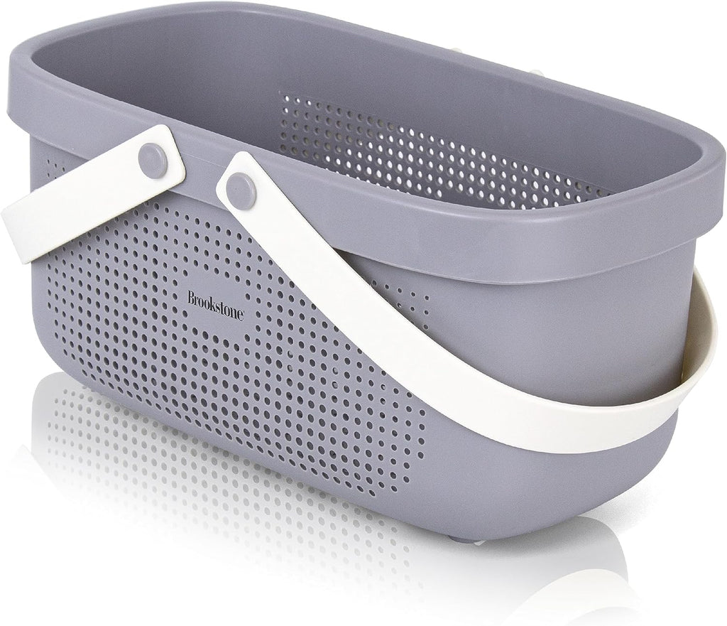 Brookstone BKH1633, Large Portable Shower Caddy with Soft Silicone Carrying Handle, Bathroom Organizer Basket, Plastic Bath Tote, Dries Quickly with Drainage Holes [BPA Free], Gray