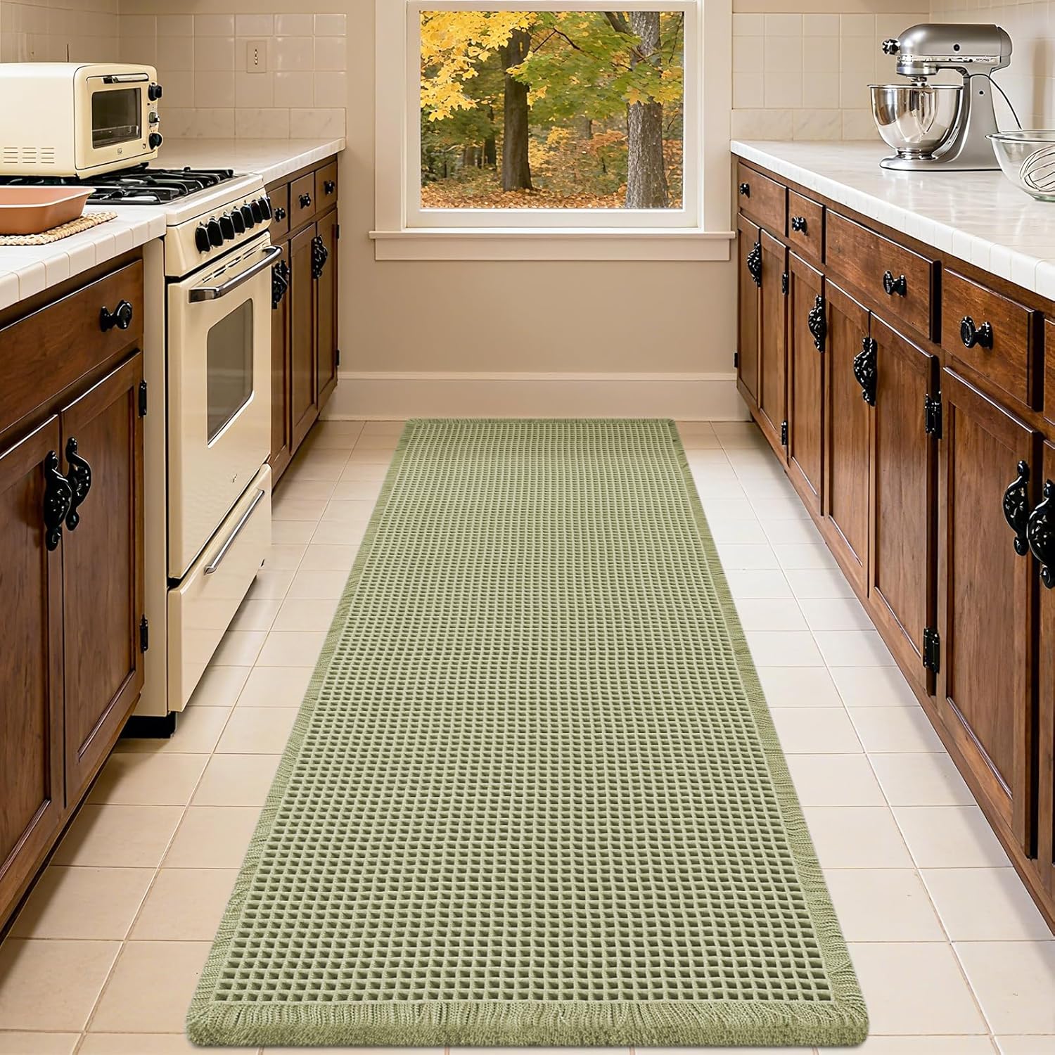 IM HOME Waffle Bath Mat Beige 32"x20", Boho Woven Modern Bath Mat Rugs, Absorbent Non Slip Bathroom Rugs, Soft Washable Bath Rugs with Tassels for Bathroom, Bedroom, Kitchen, Shower, Tub